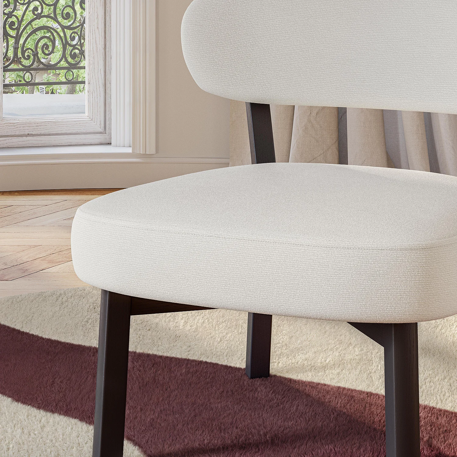 Fauteuil en tissu texturé et chêne massif noir - Écru - 6