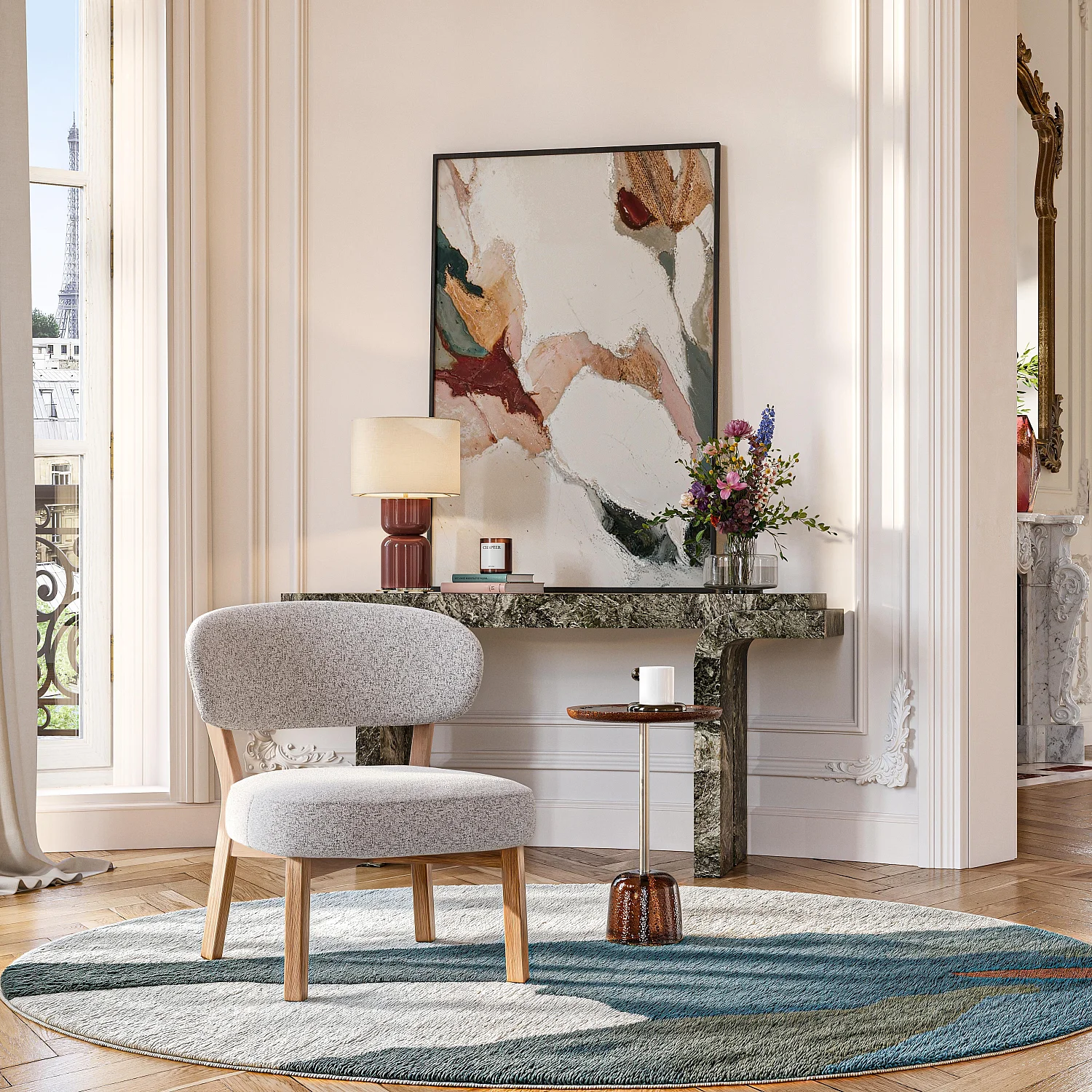 Fauteuil en tissu texturé et chêne massif - Beige chiné - 1