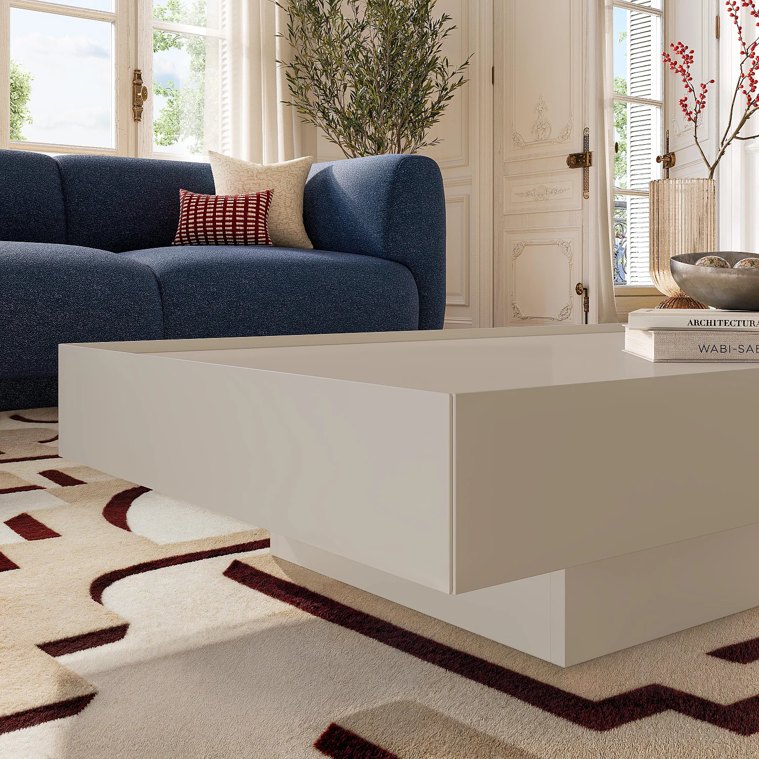 Table basse avec tiroir coulissant - Crème - 5