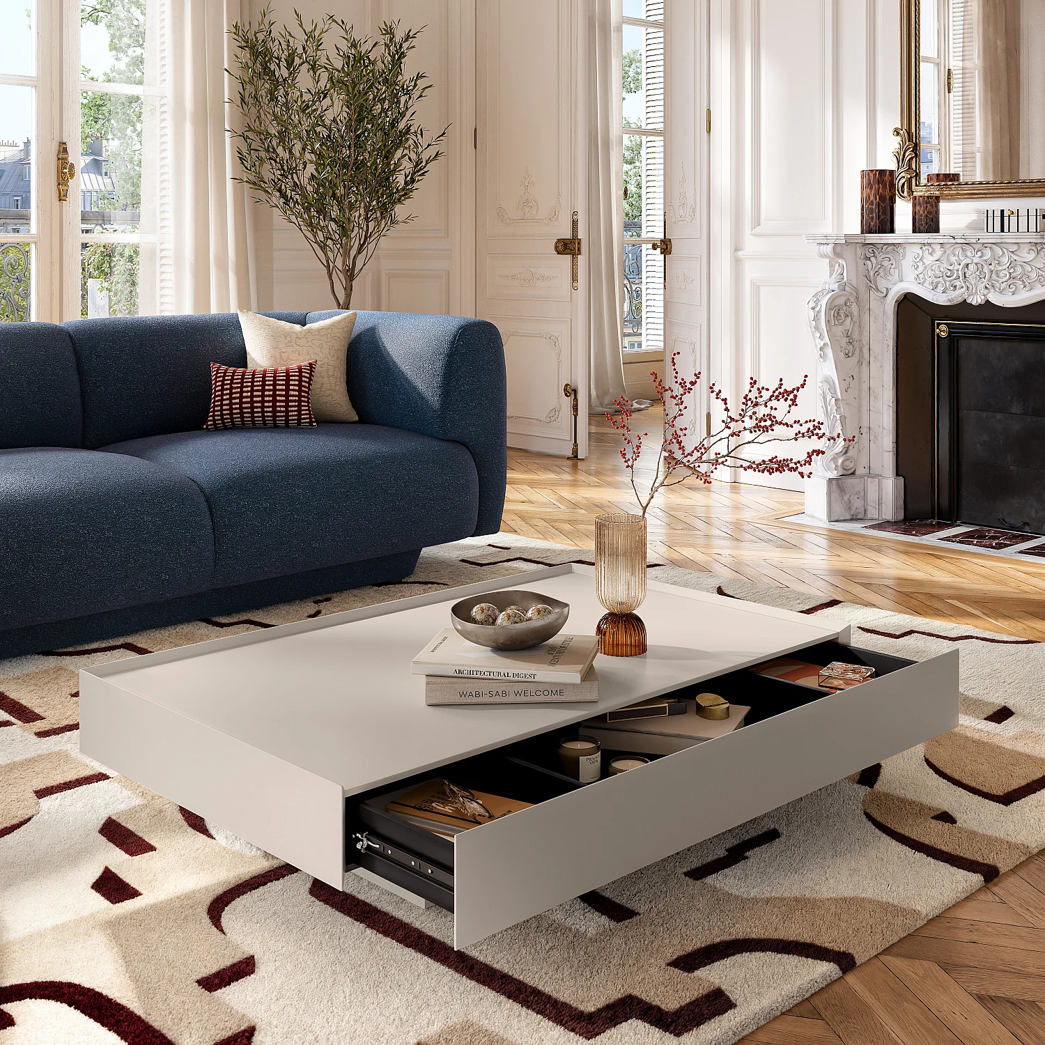 Table basse avec tiroir coulissant - Crème - 7