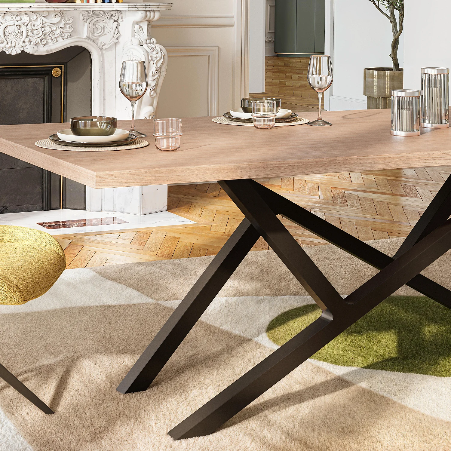 Table rectangulaire en chêne et pieds en métal - Naturel - 6