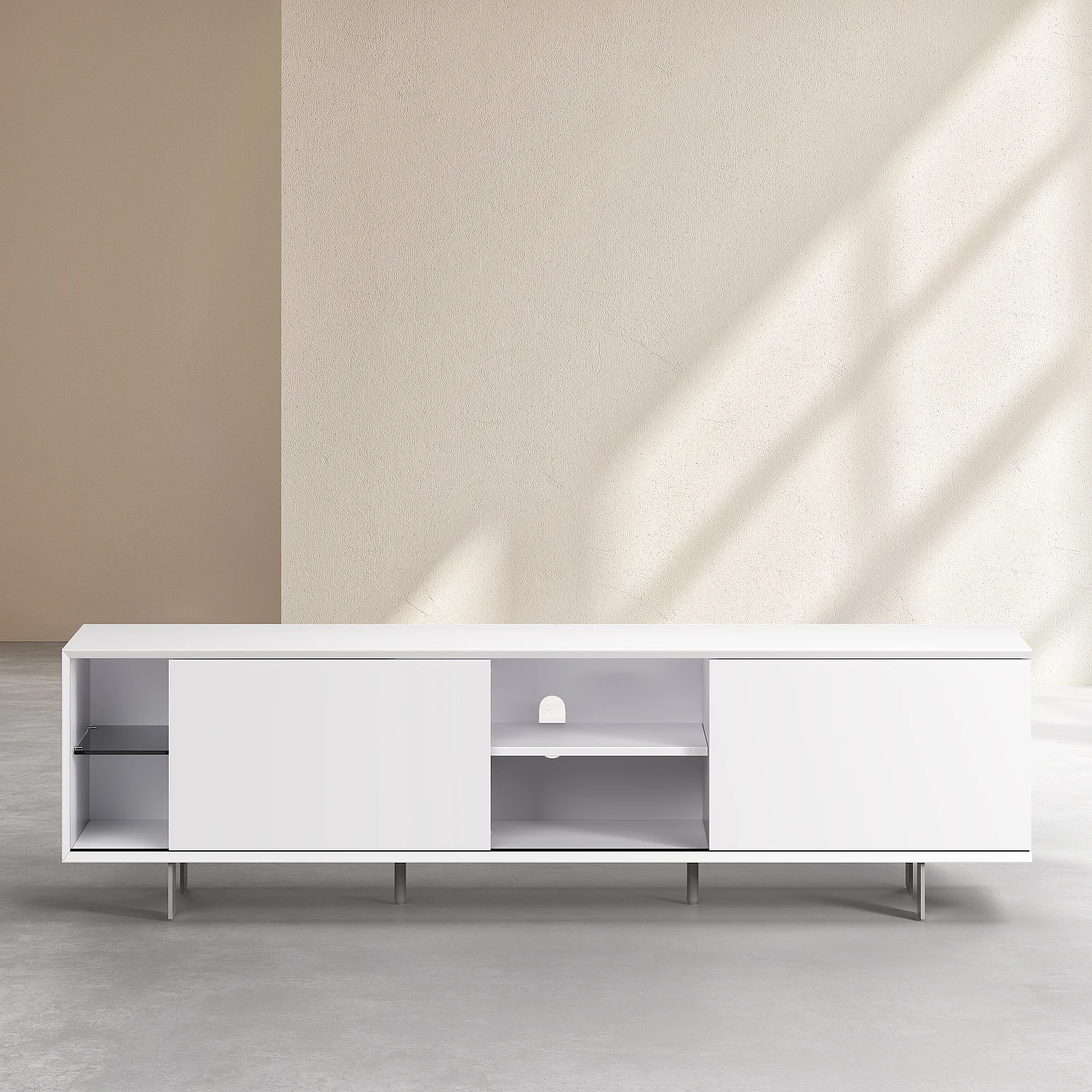 Meuble TV avec portes coulissantes et pieds en métal  - Blanc polaire - 11