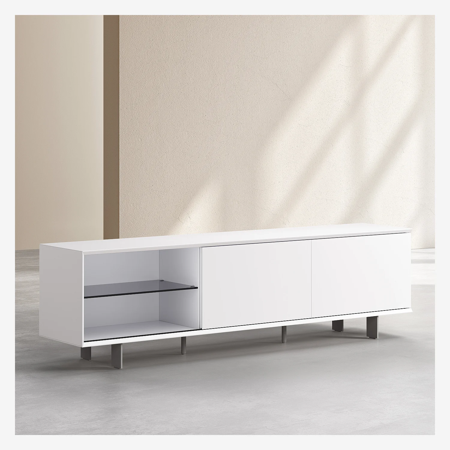 Meuble TV avec portes coulissantes et pieds en métal  - Blanc polaire - 7