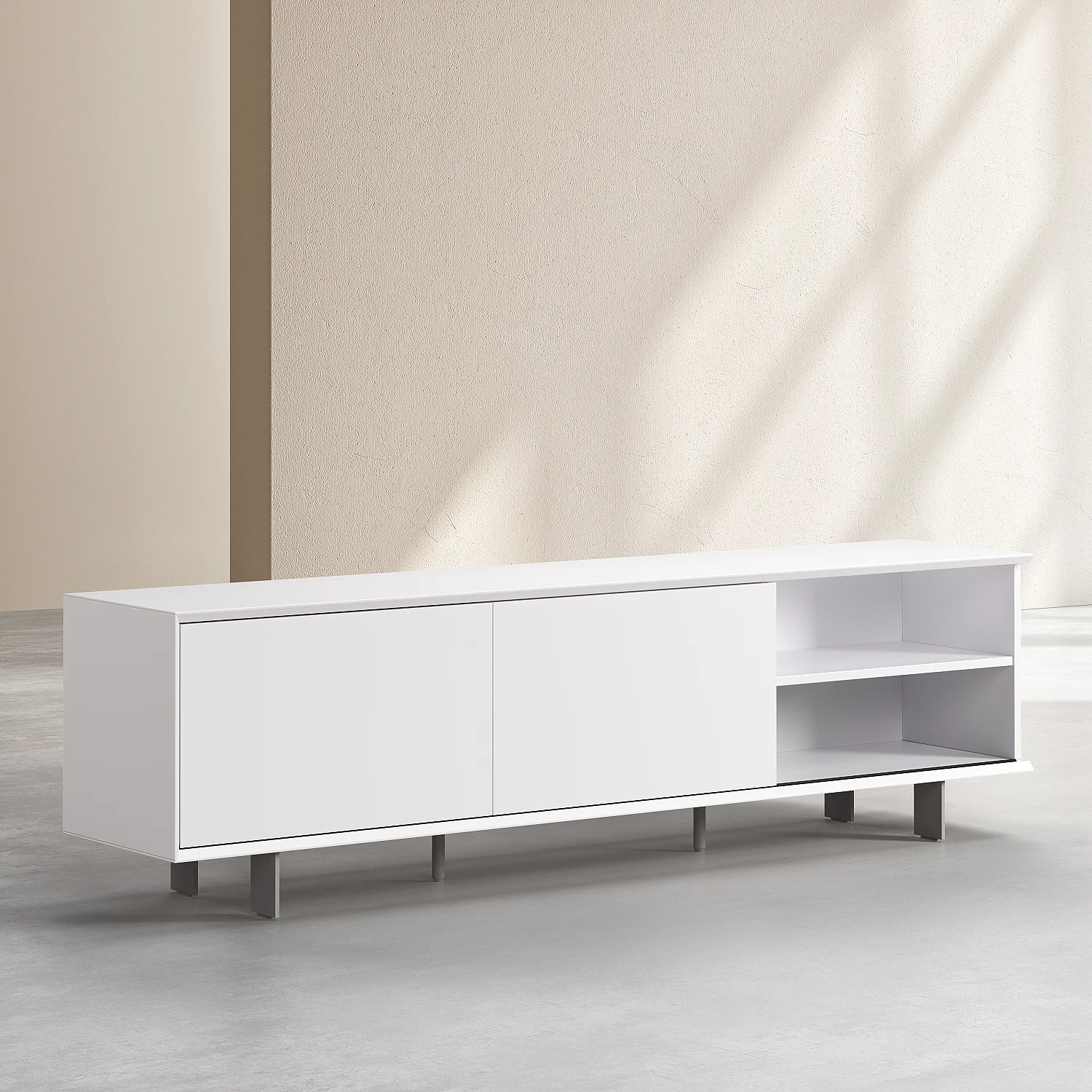 Meuble TV avec portes coulissantes et pieds en métal  - Blanc polaire - 9