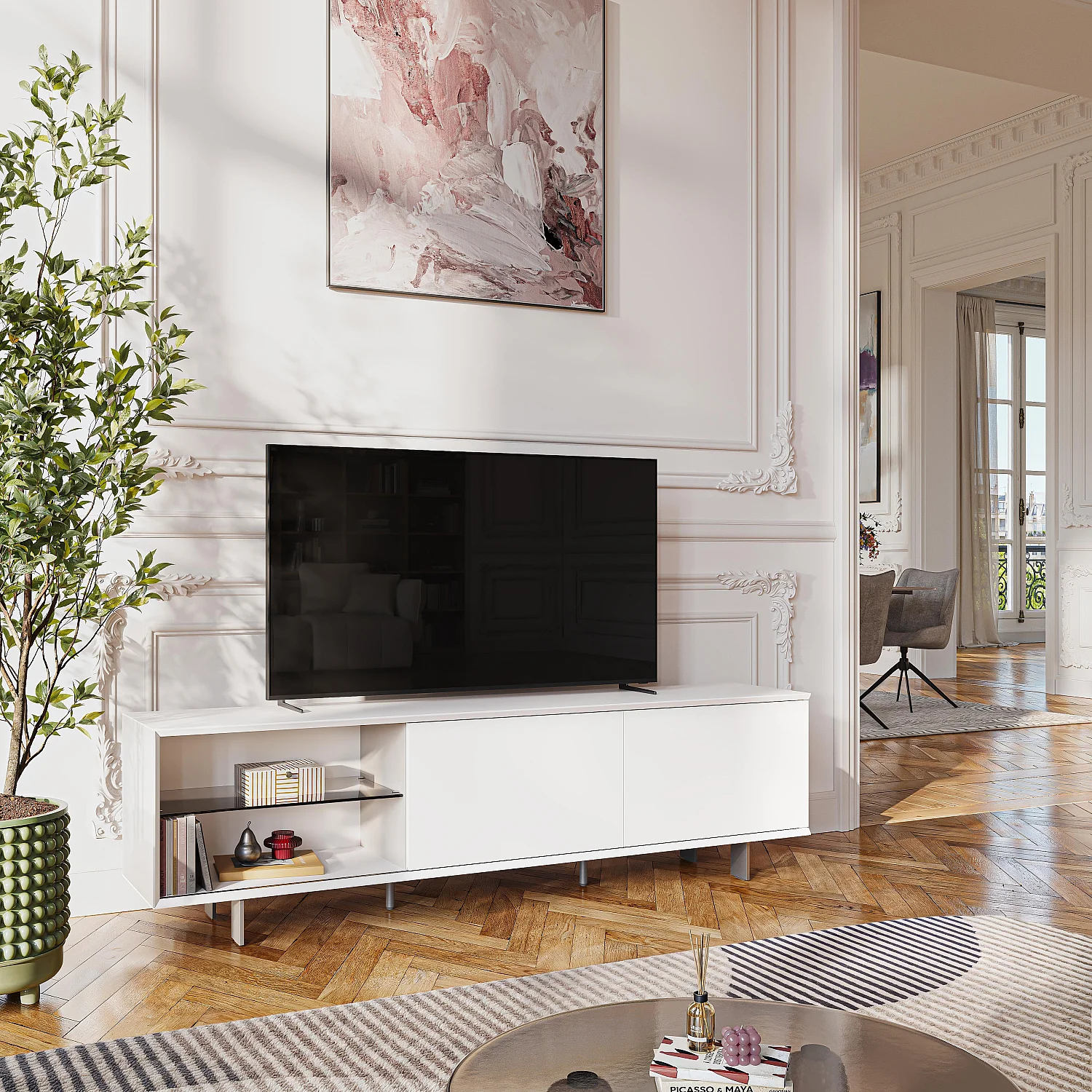 Meuble TV avec portes coulissantes et pieds en métal  - Blanc polaire - 3