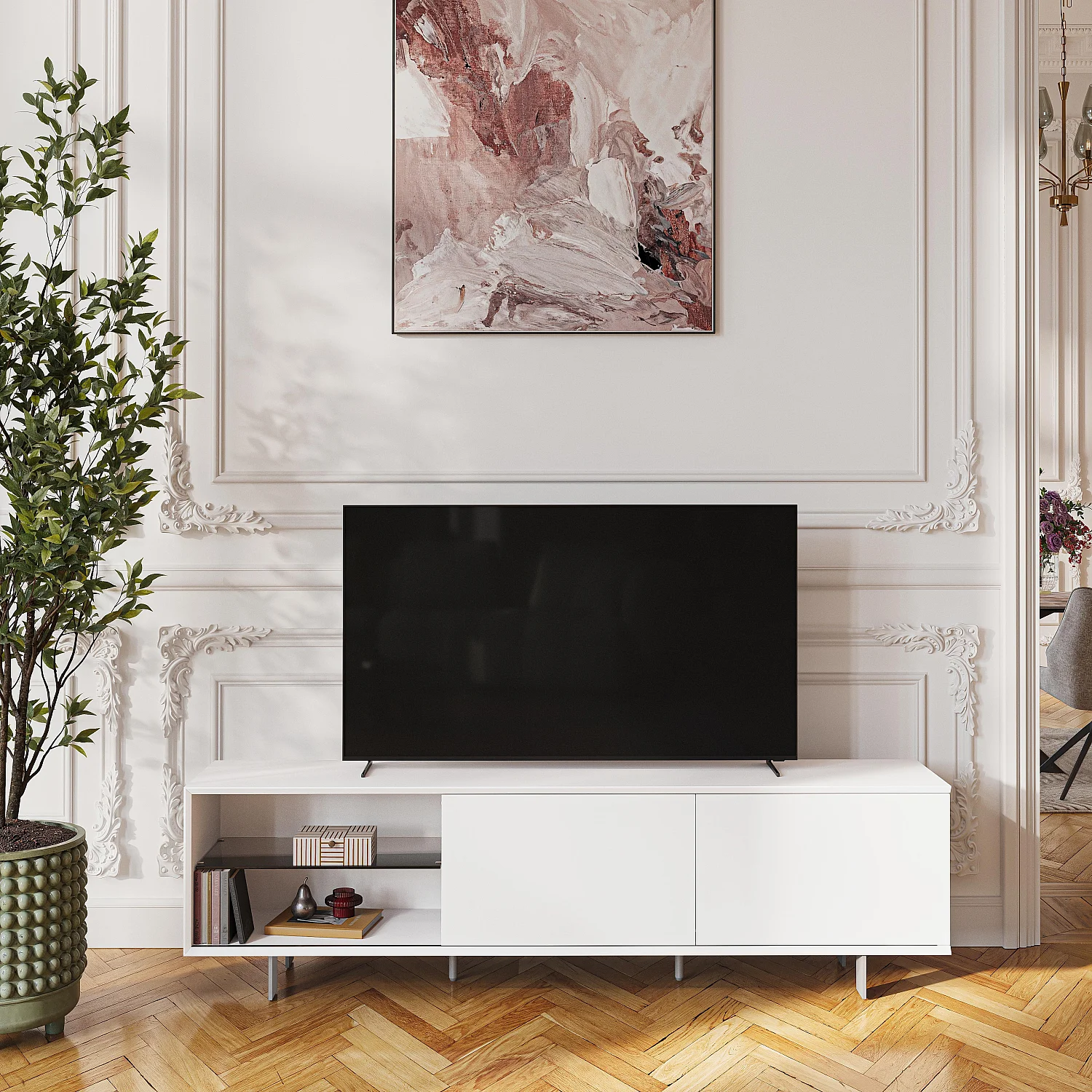 Meuble TV avec portes coulissantes et pieds en métal  - Blanc polaire - 1