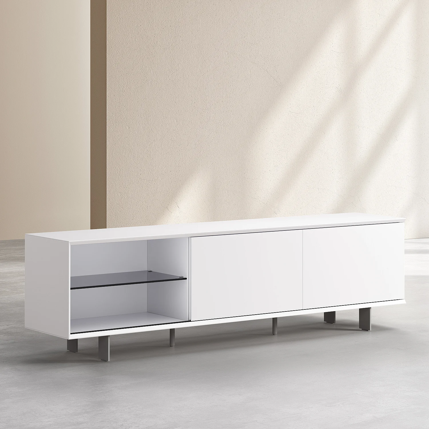 Meuble TV avec portes coulissantes et pieds en métal  - Blanc polaire - 5