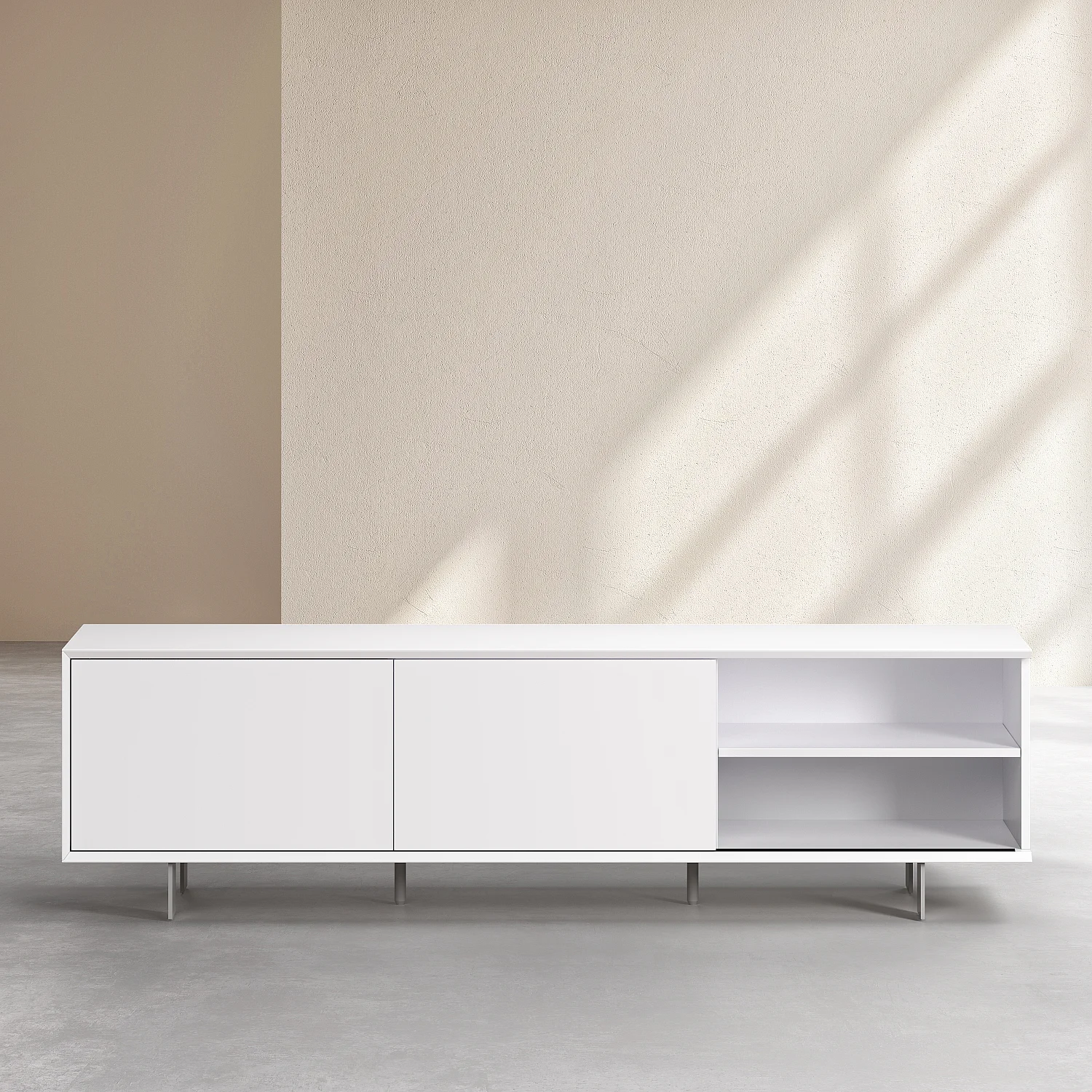 Meuble TV avec portes coulissantes et pieds en métal  - Blanc polaire - 8