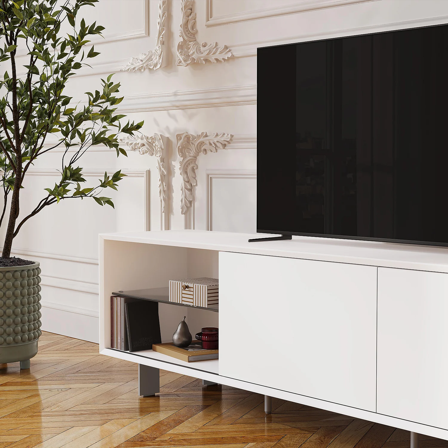 Meuble TV avec portes coulissantes et pieds en métal  - Blanc polaire - 6