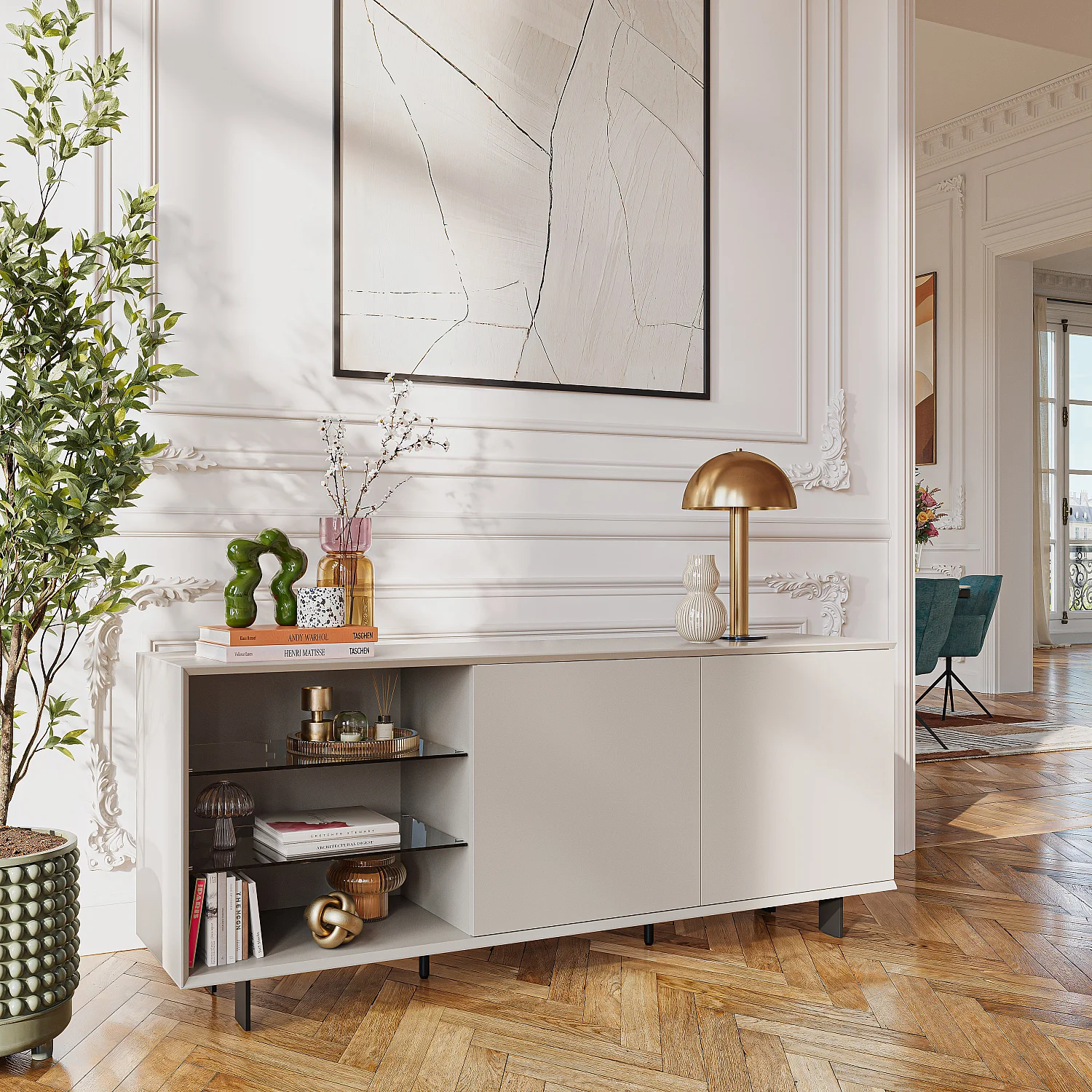 Niedriges Sideboard mit 2 Türen und Metallbeinen - Creme - 3