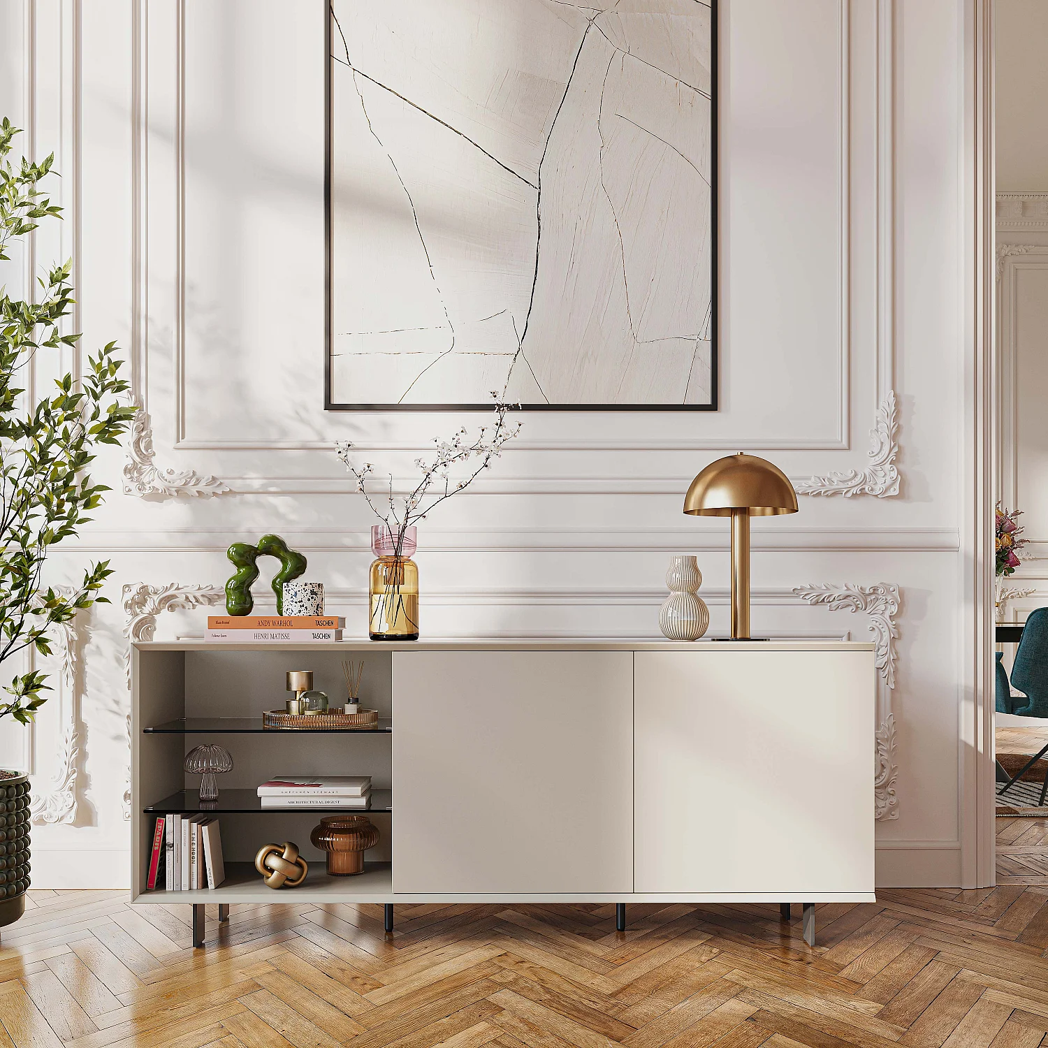 Niedriges Sideboard mit 2 Türen und Metallbeinen - Creme - 1