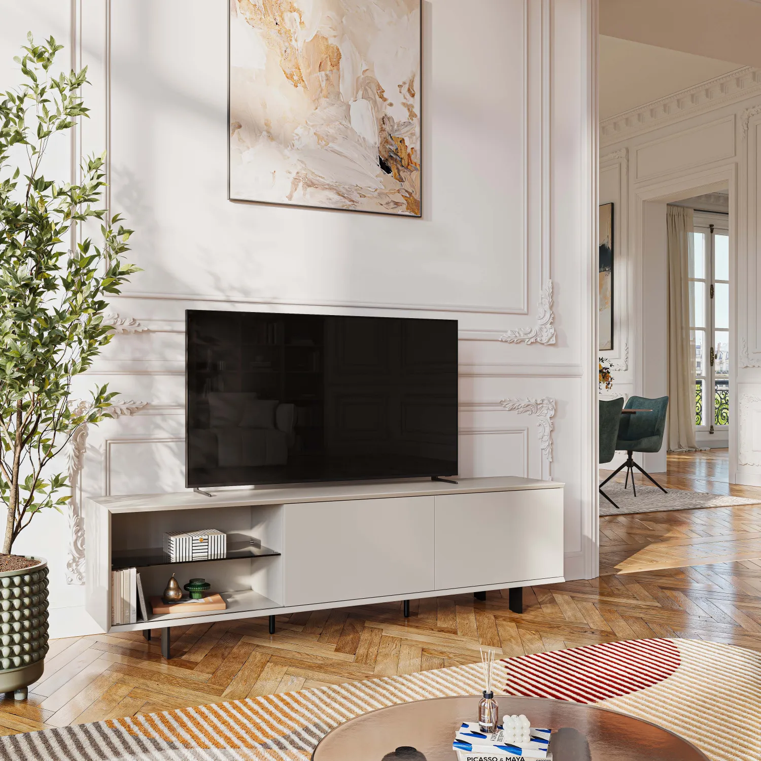 Meuble TV avec portes coulissantes et pieds en métal -  Crème - 1