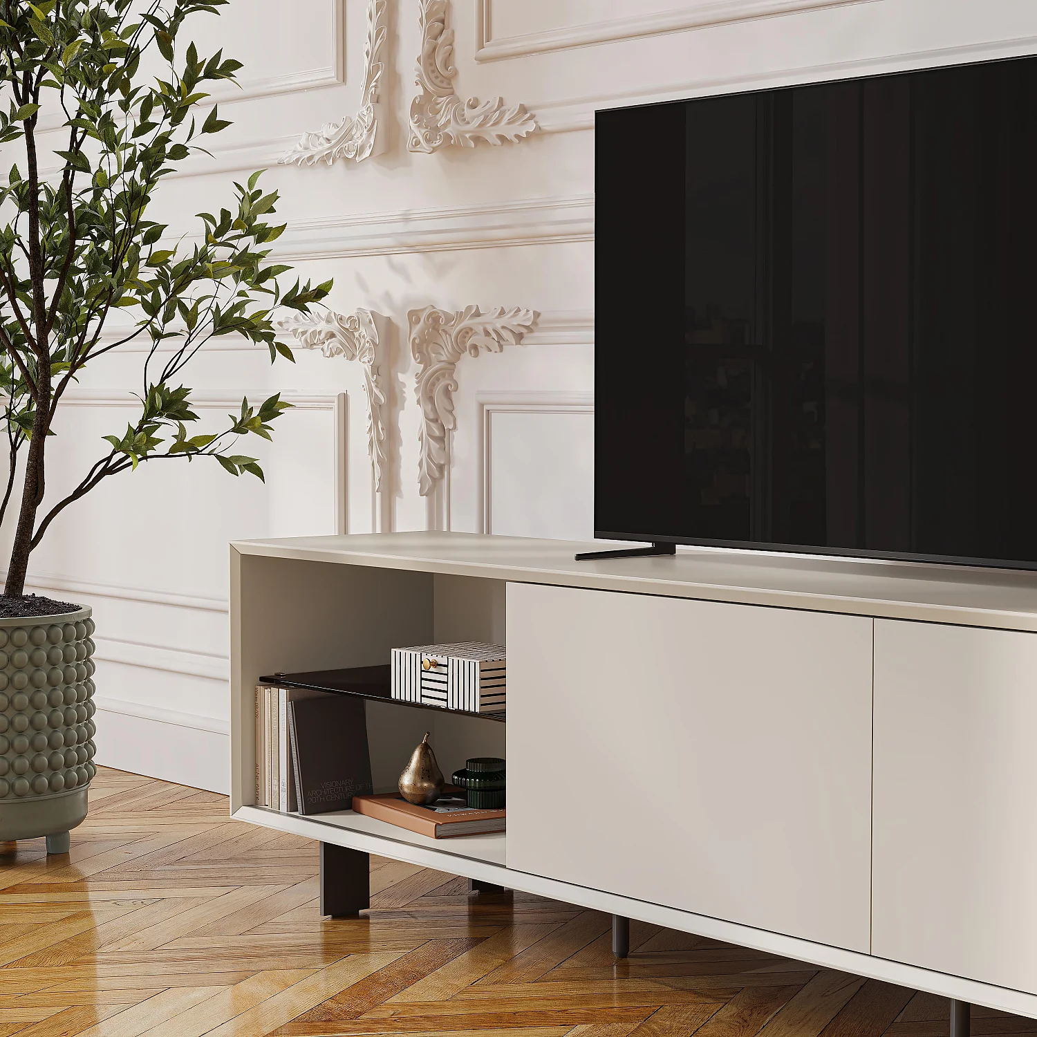 TV-Möbel mit Schiebetüren und Metallfüßen - Creme - 6