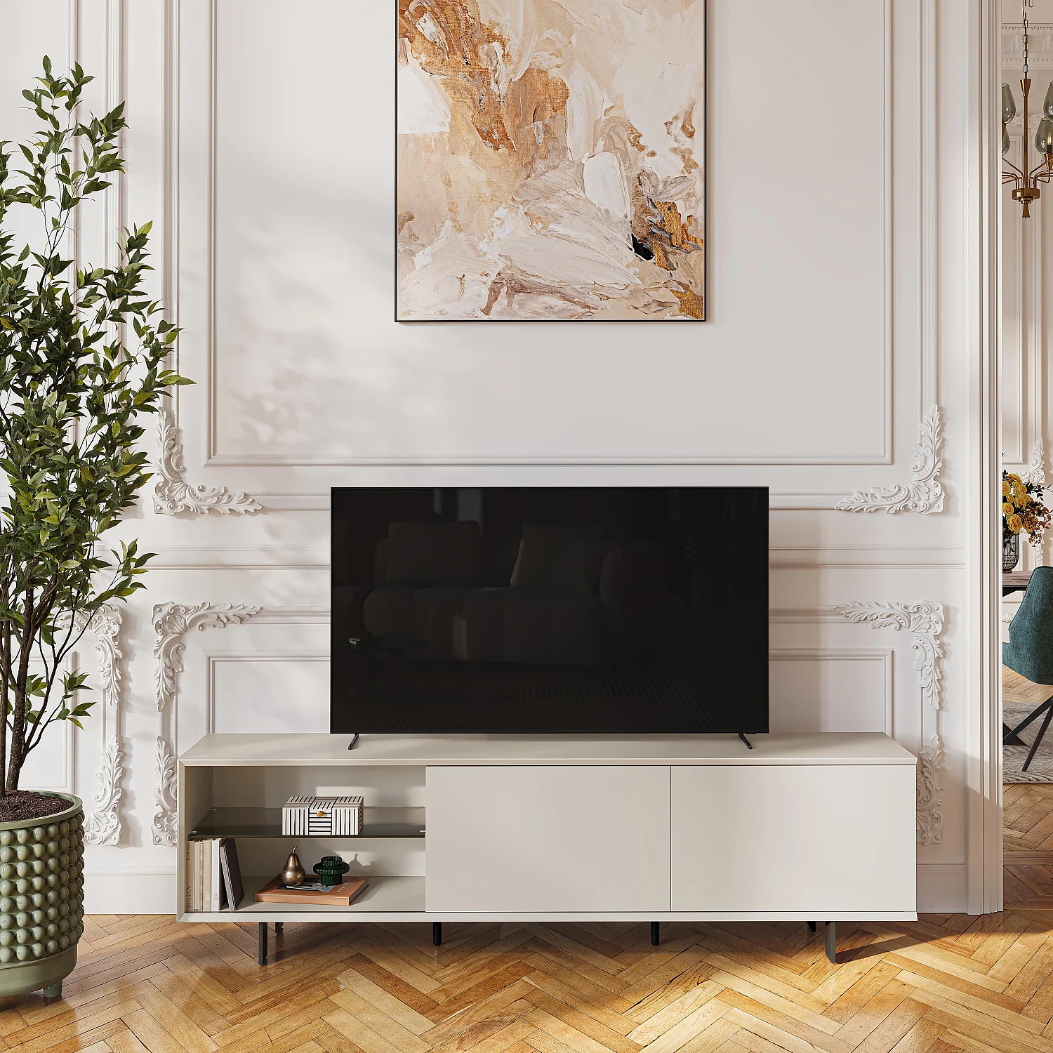 Meuble TV avec portes coulissantes et pieds en métal -  Crème - 1