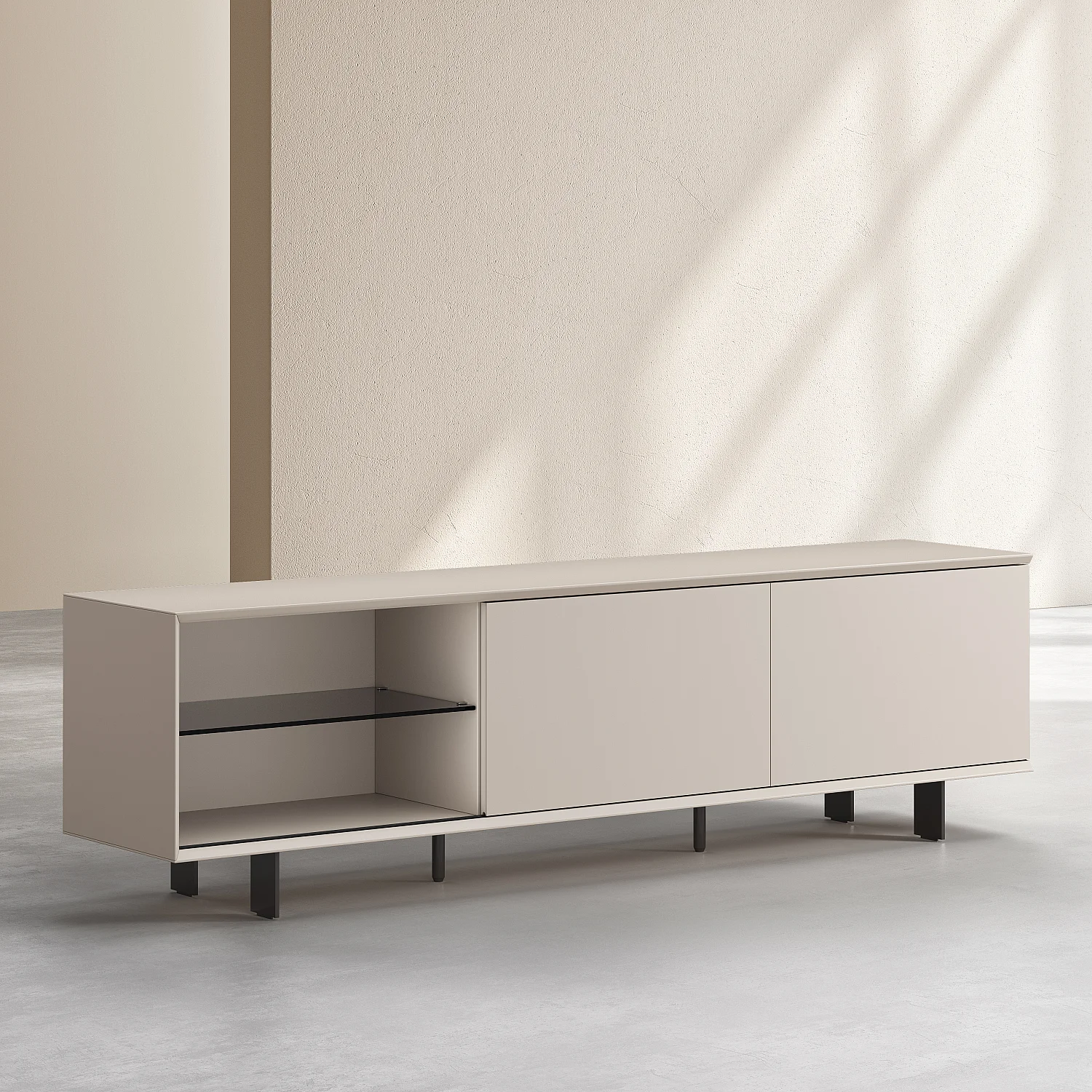 Meuble TV avec portes coulissantes et pieds en métal -  Crème - 9