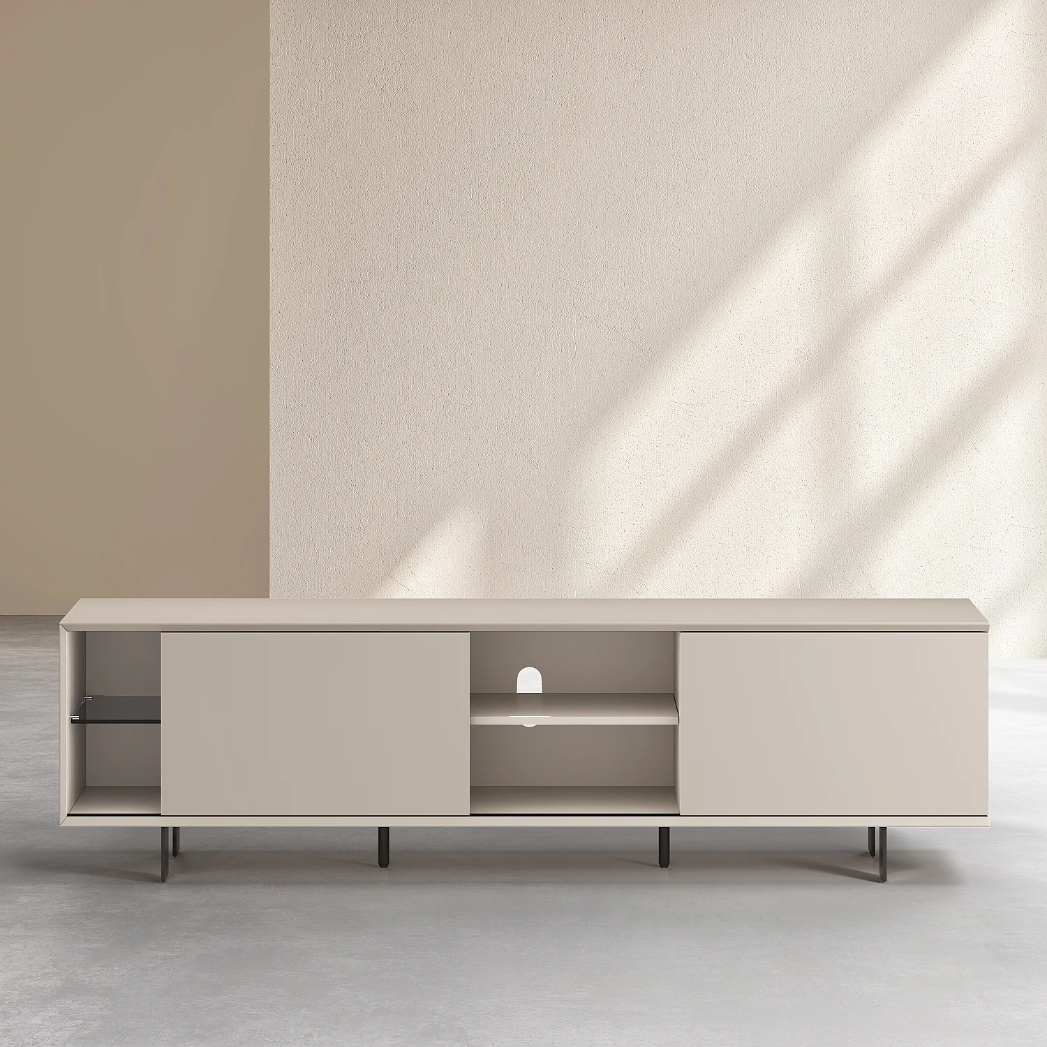 Meuble TV avec portes coulissantes et pieds en métal -  Crème - 10