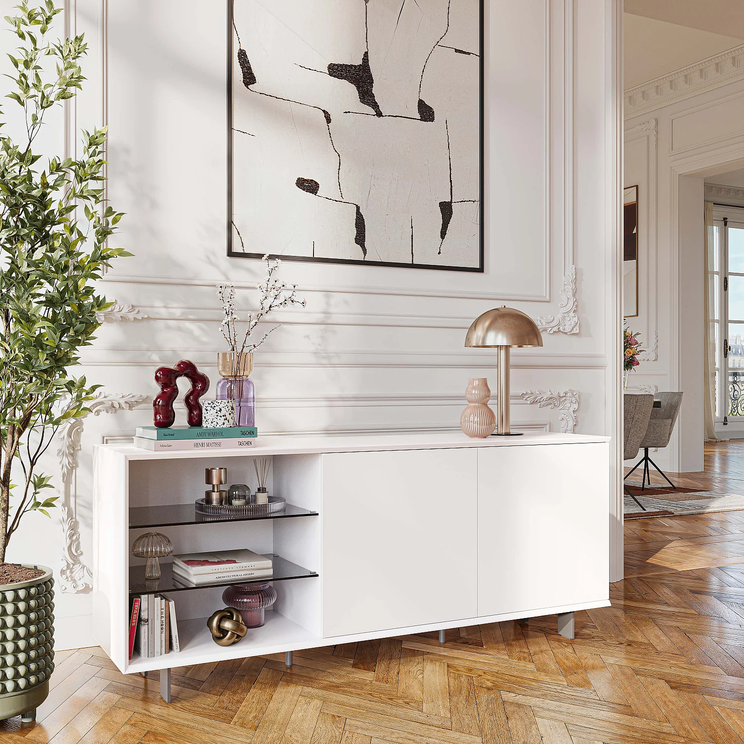 Lowboard mit 2 Türen und Metallbeinen - Polarschnee Weiß - 3