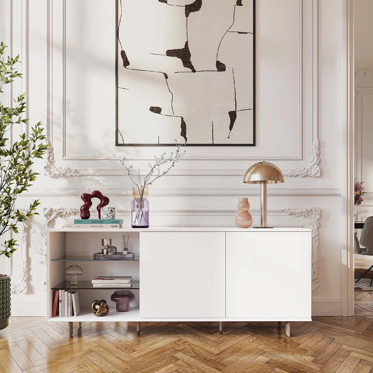 Lowboard mit 2 Türen und Metallbeinen - Polarschnee Weiß - 1