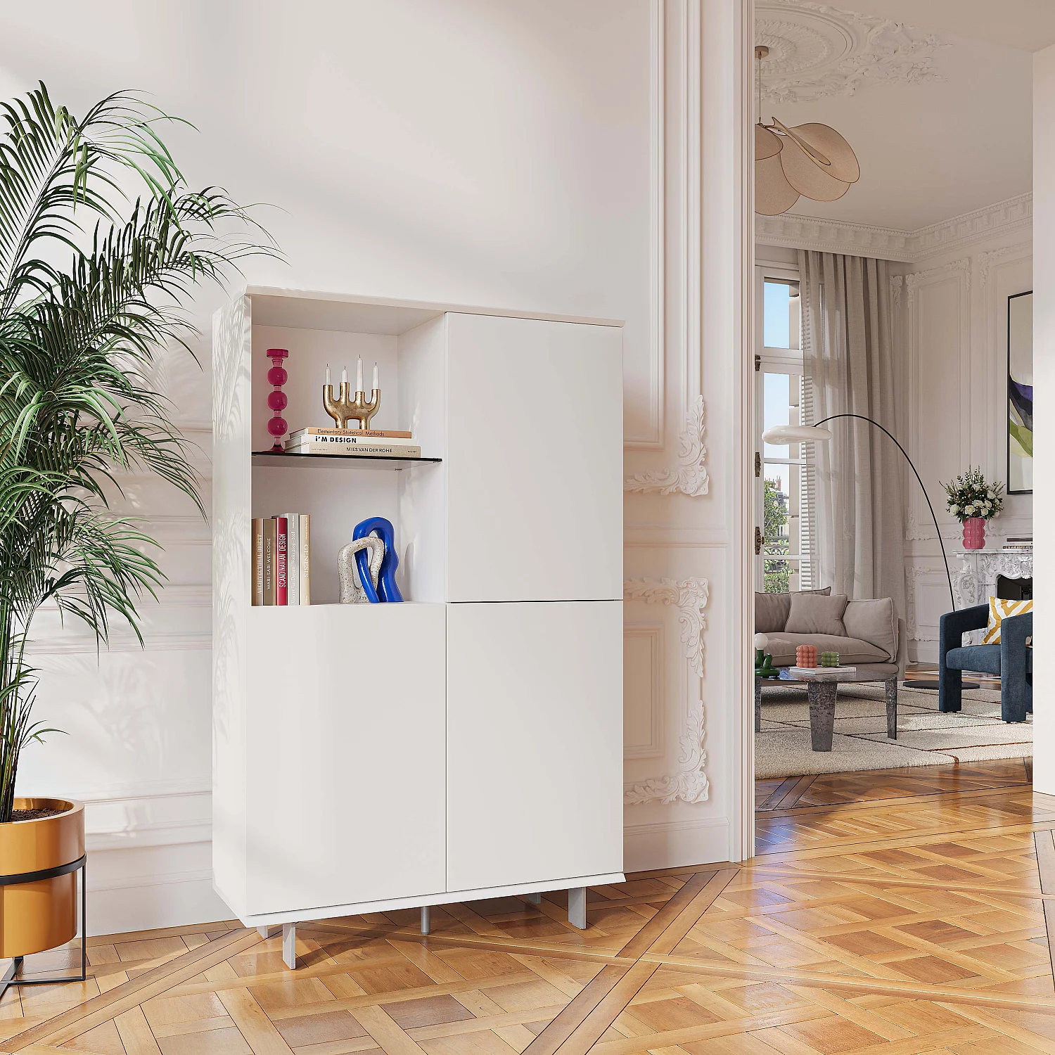 Hochschrank mit 3 Türen und Metallbeinen - PolarkunstWeiß - 3