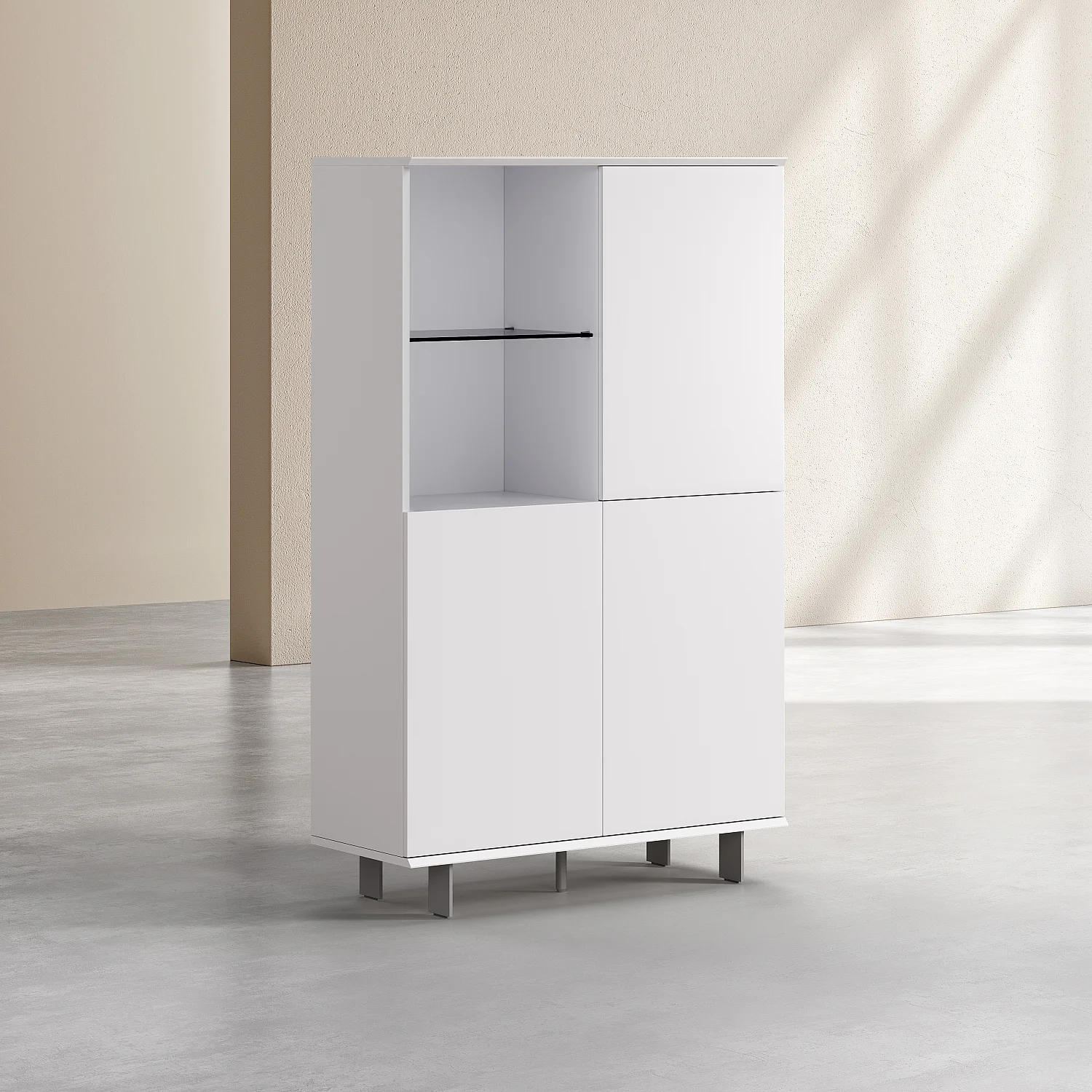 Hochschrank mit 3 Türen und Metallbeinen - PolarkunstWeiß - 5