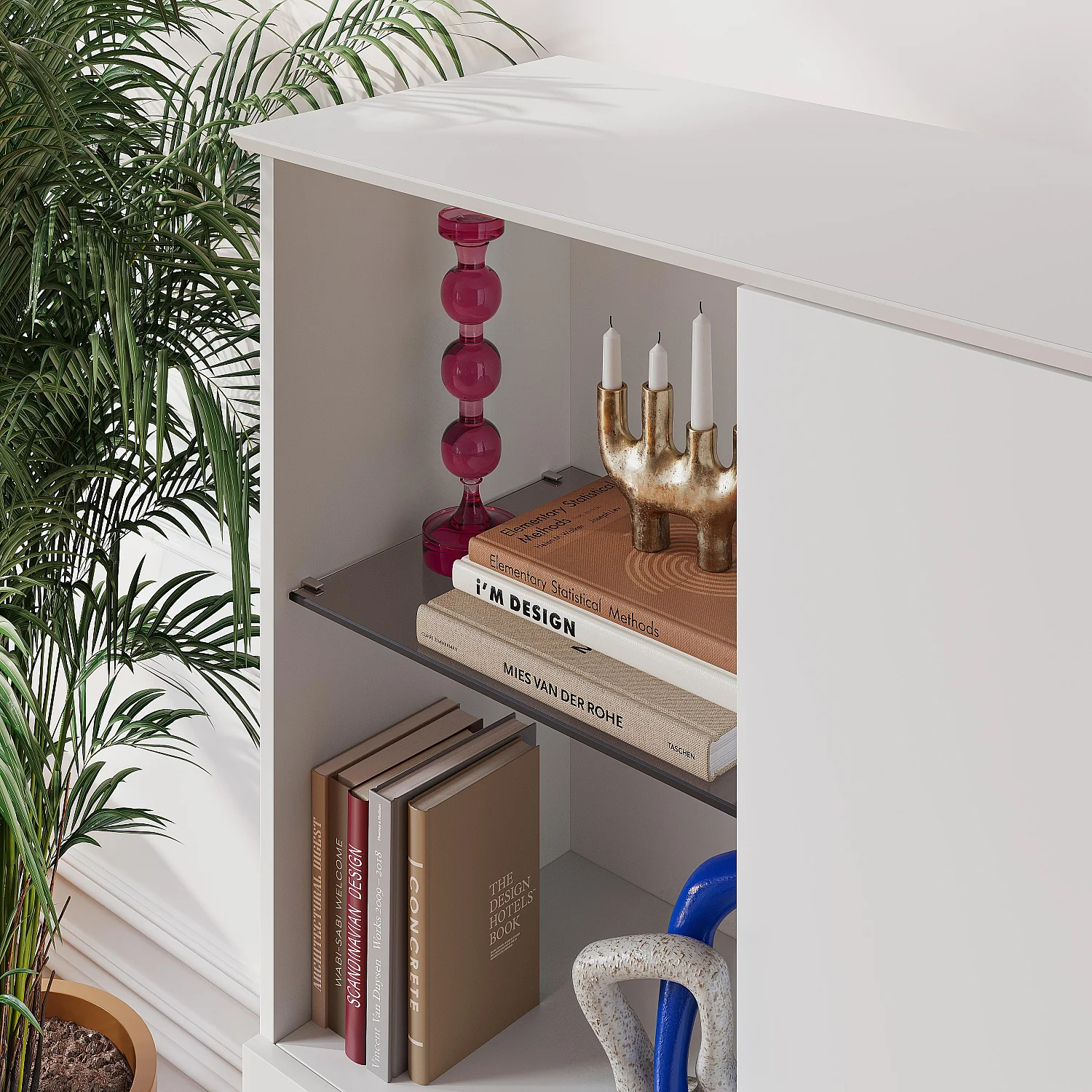 Hochschrank mit 3 Türen und Metallbeinen - PolarkunstWeiß - 6