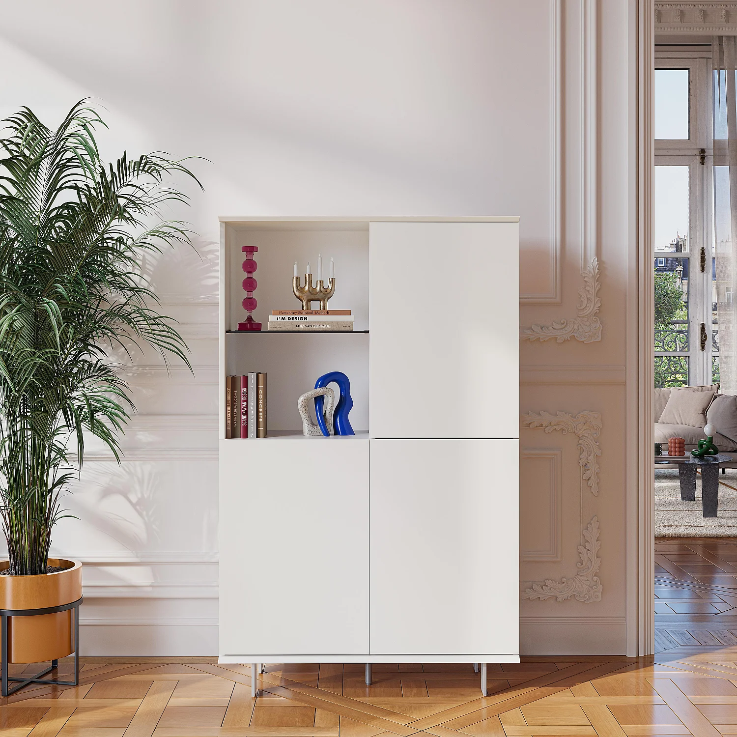 Hochschrank mit 3 Türen und Metallbeinen - PolarkunstWeiß - 1