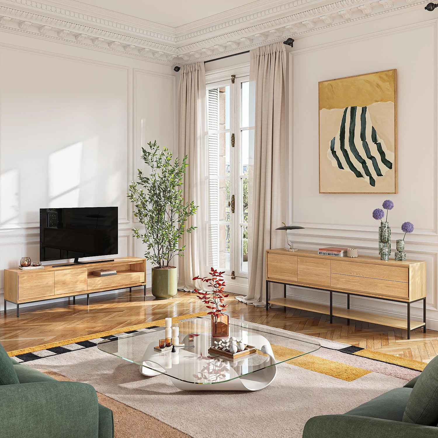 Buffet mit 2 Türen und 2 Schubladen aus Eiche und Schwarzem Metall - Natürlich - Design von Helena Pille - 3