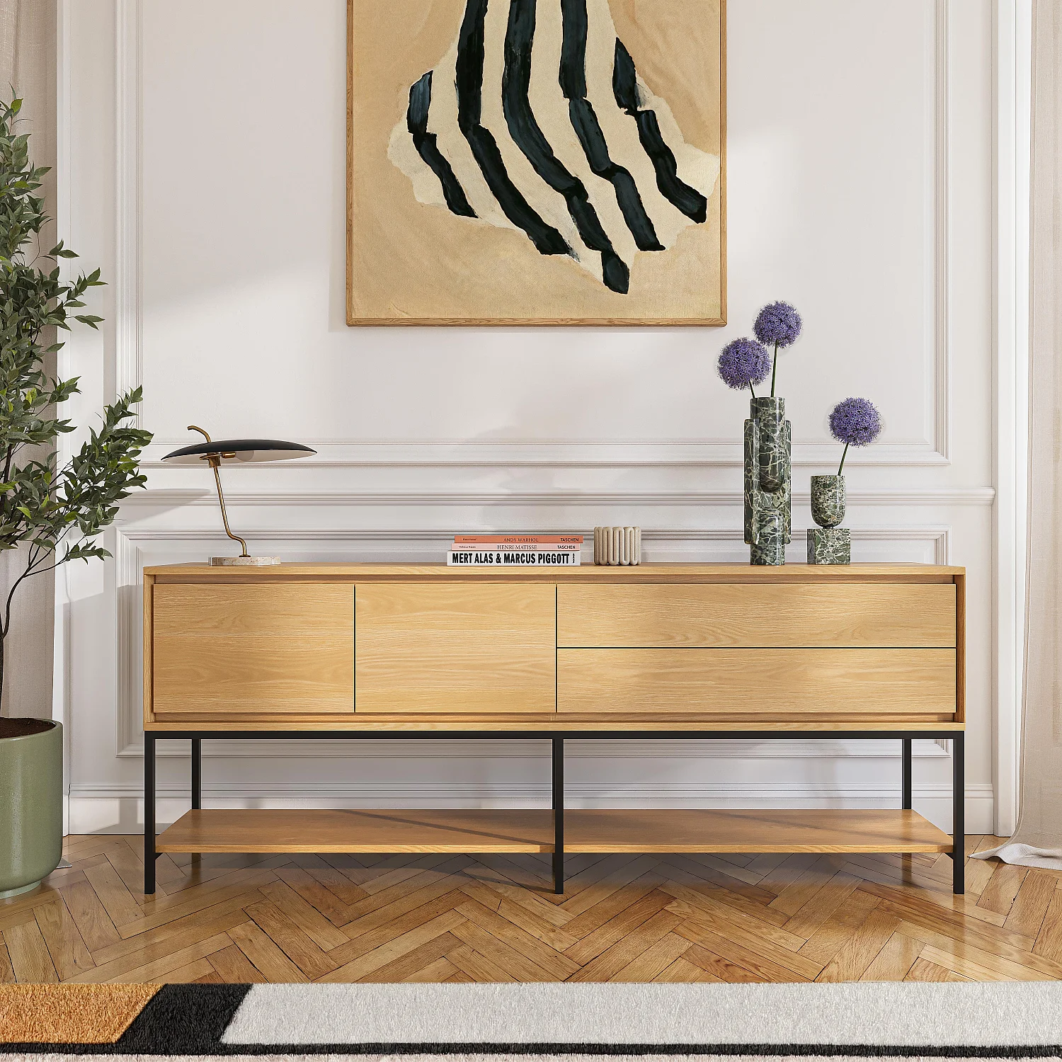 Buffet mit 2 Türen und 2 Schubladen aus Eiche und Schwarzem Metall - Natürlich - Design von Helena Pille - 1