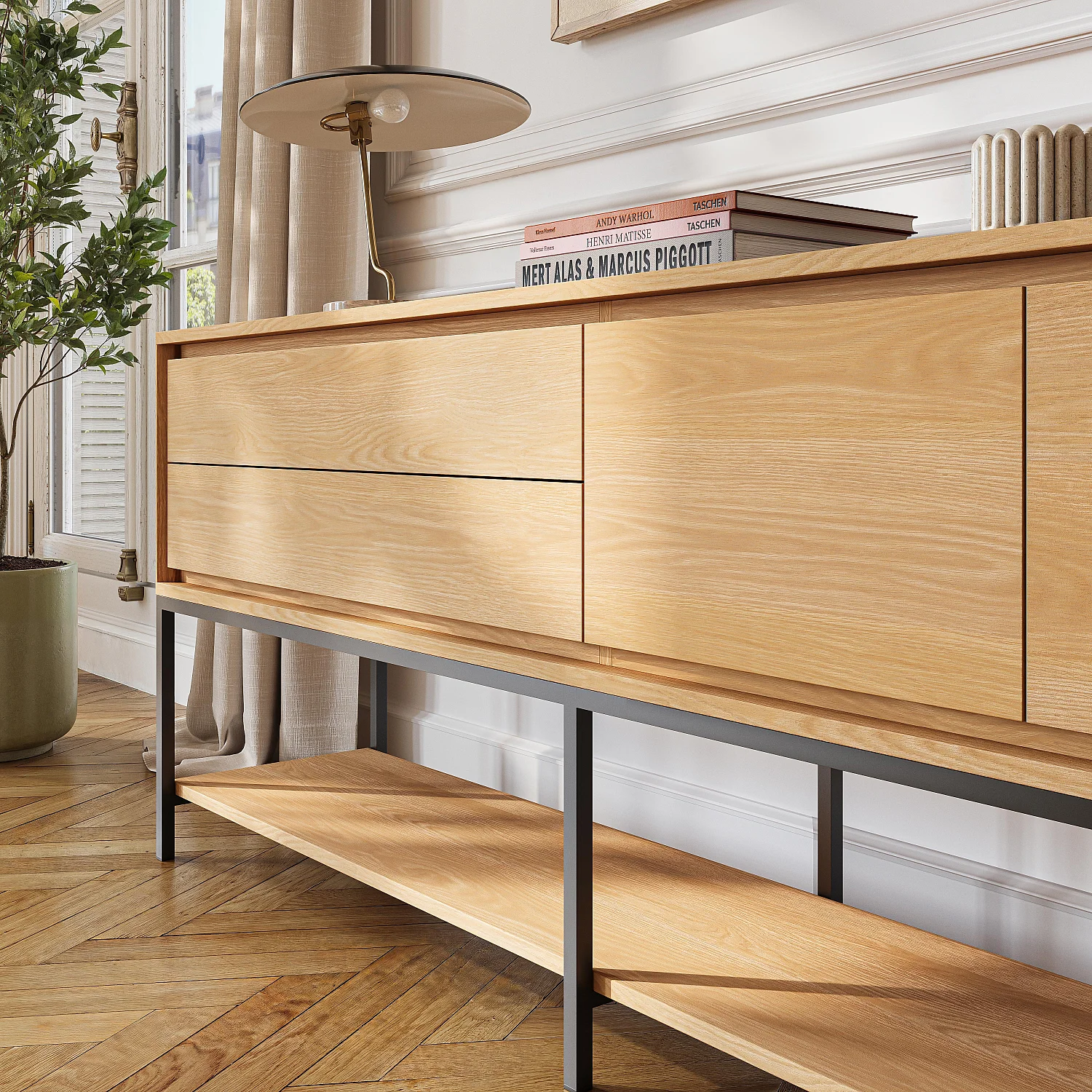 Buffet mit 2 Türen und 2 Schubladen aus Eiche und Schwarzem Metall - Natürlich - Design von Helena Pille - 7