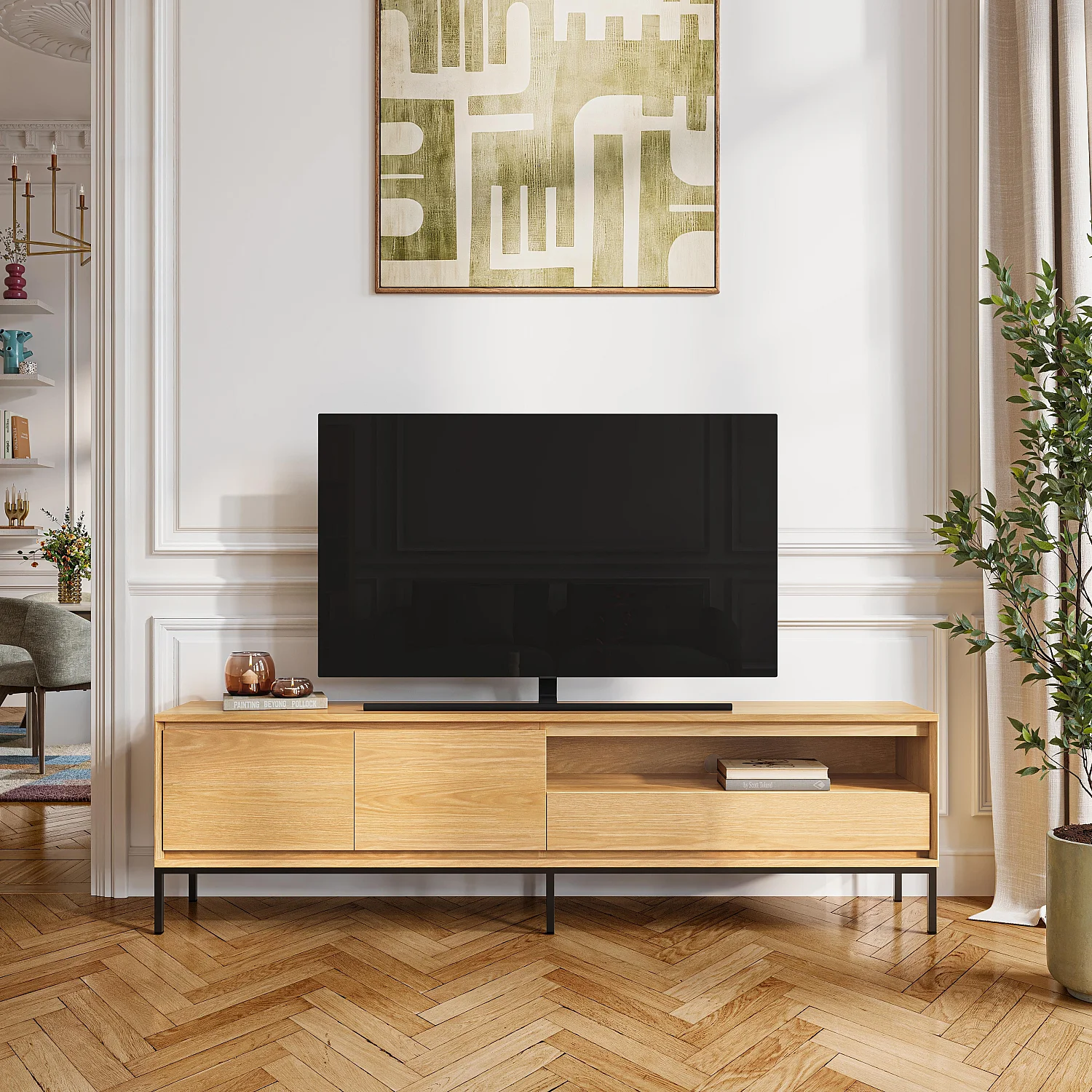 Meuble TV 2 portes 1 tiroir en chêne et métal noir - Naturel - Design by Hélèna Pille - 1