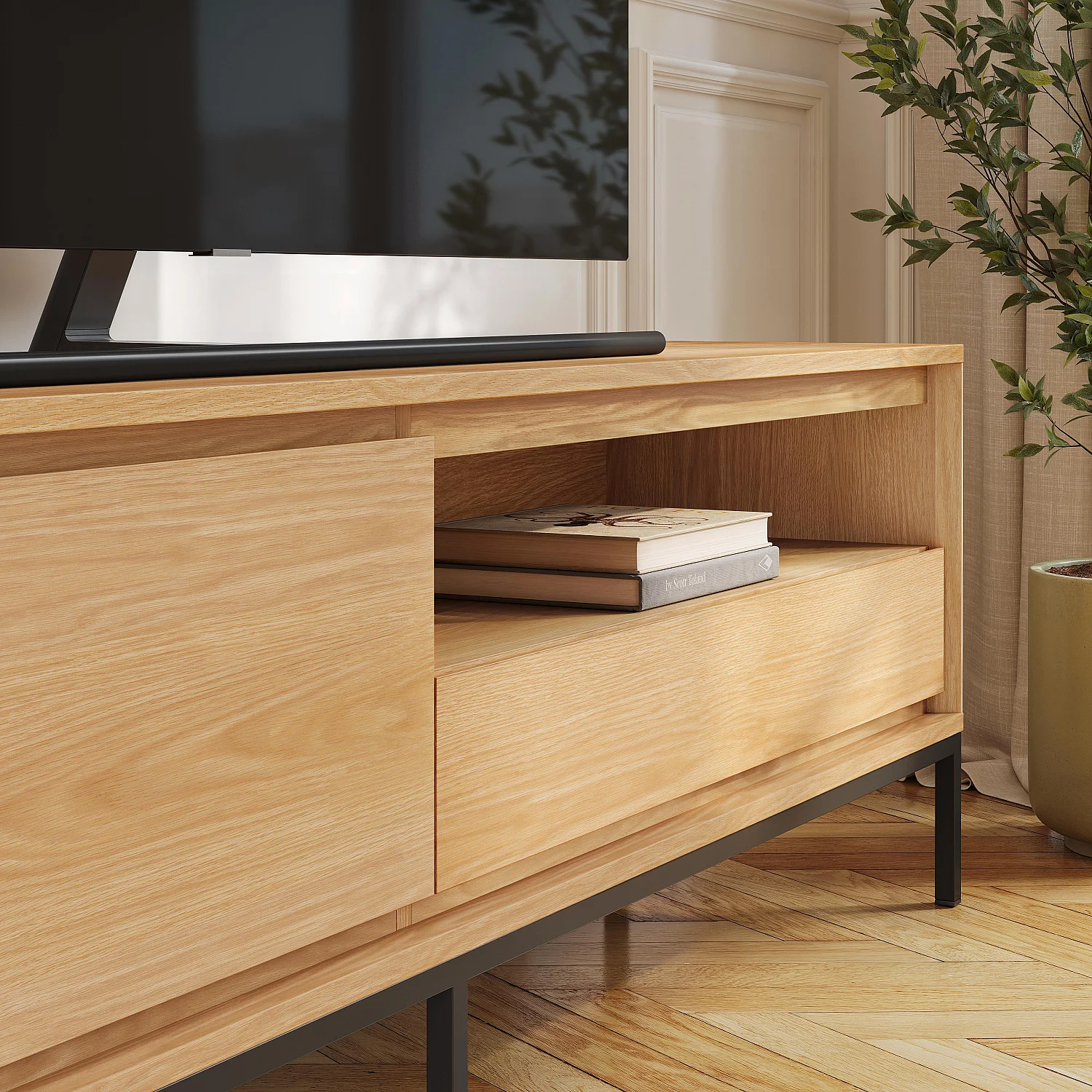 Meuble TV 2 portes 1 tiroir en chêne et métal noir - Naturel - Design by Hélèna Pille - 7