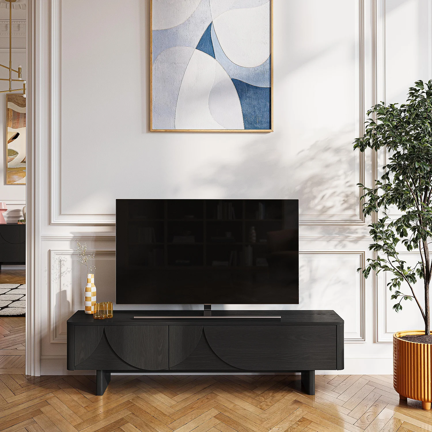 Mobile TV 2 ribalte in frassino - Nero - Design by Hélèna Pille - 1