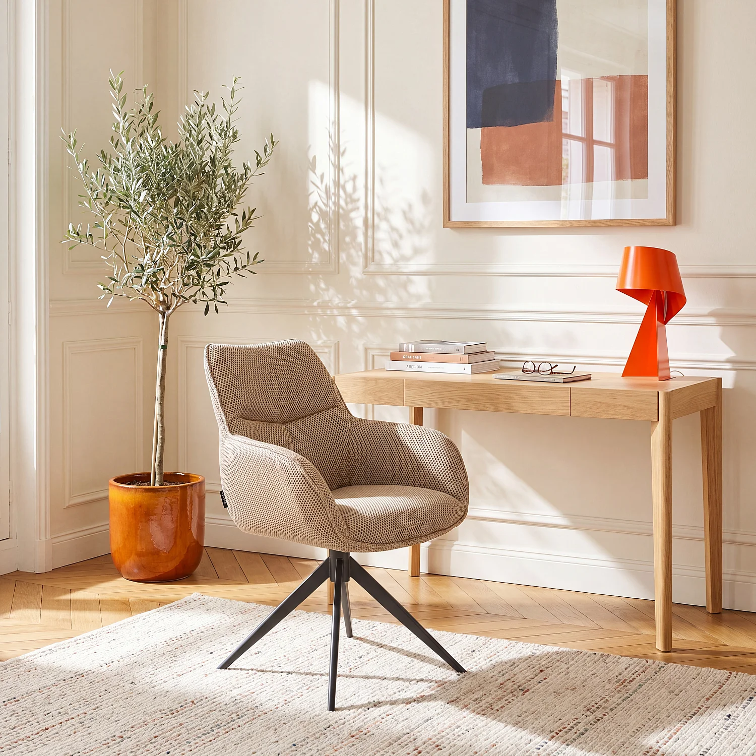 Roterende stol i 3D-stof og sort metal med armlæn - Sandbeige - 1
