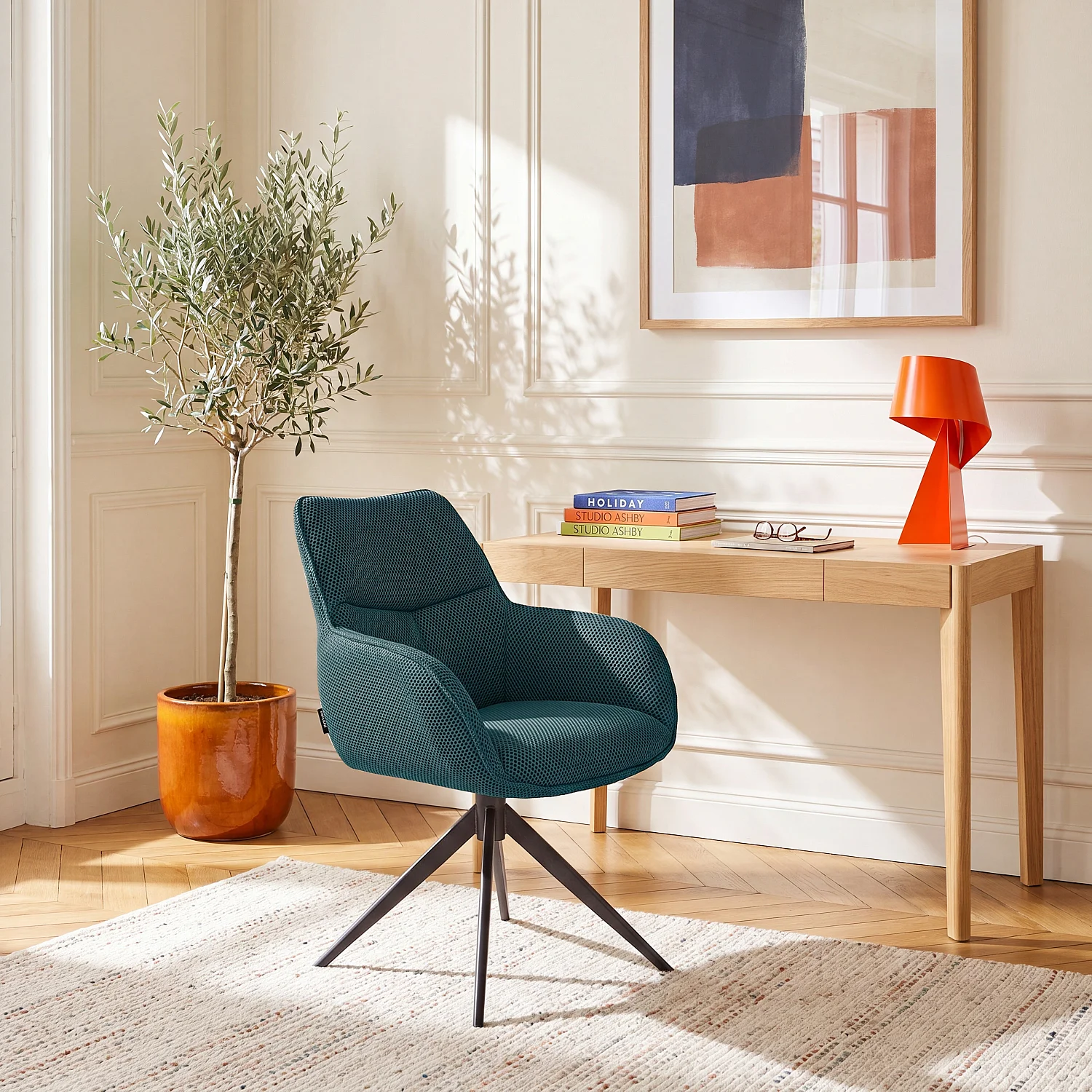Chaise de bureau pivotante en tissu 3D et métal noir avec accoudoirs - Bleu canard - 1
