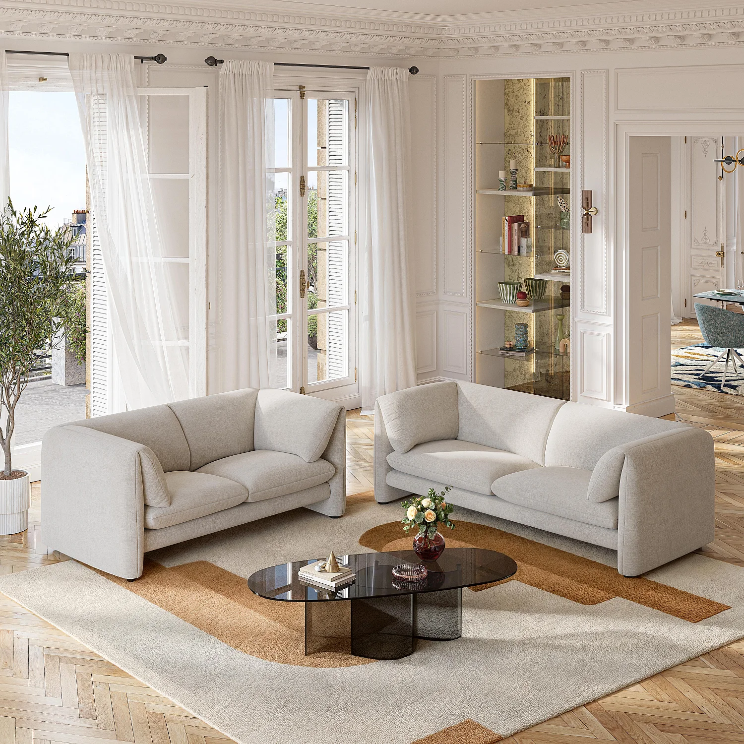 Sofá 2 plazas en tejido con respaldo relleno de plumas - Beige - 7