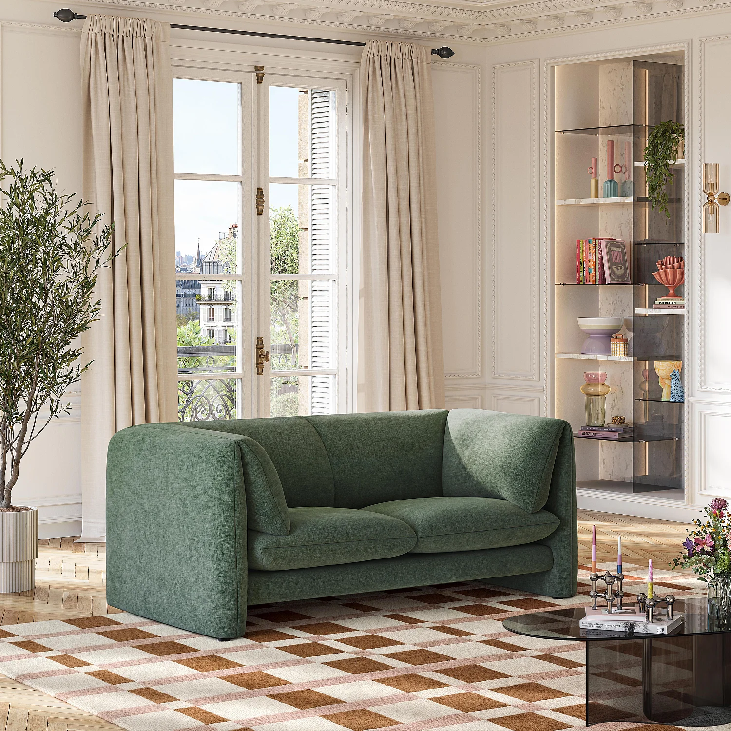 Zweisitzer-Sofa aus Stoff mit mit Federn gefüllter Rückenlehne - Khaki-Grün - 1