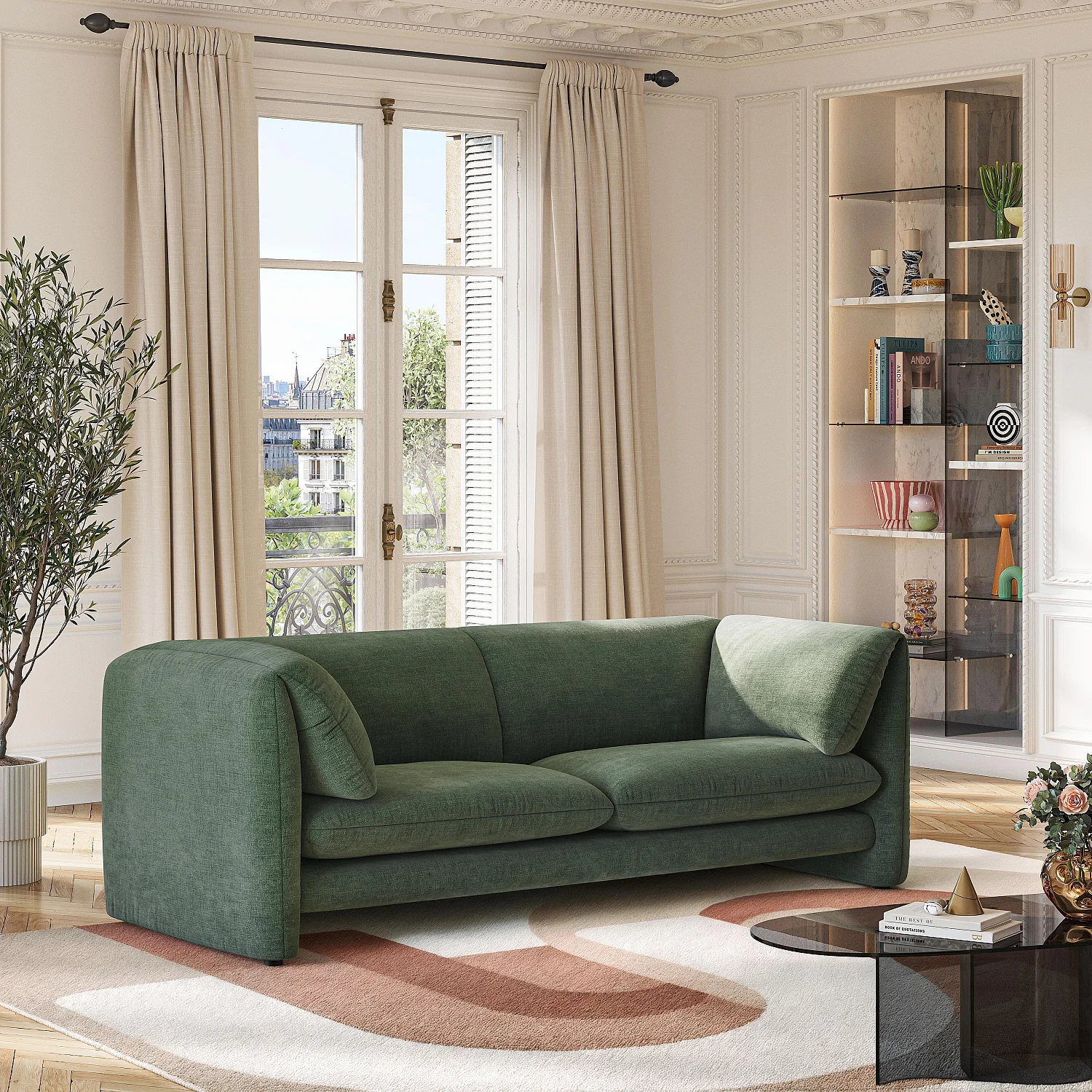 3-Sitzer-Sofa aus Stoff mit Feder gefüllter Rückenlehne - Khaki-Grün - 1