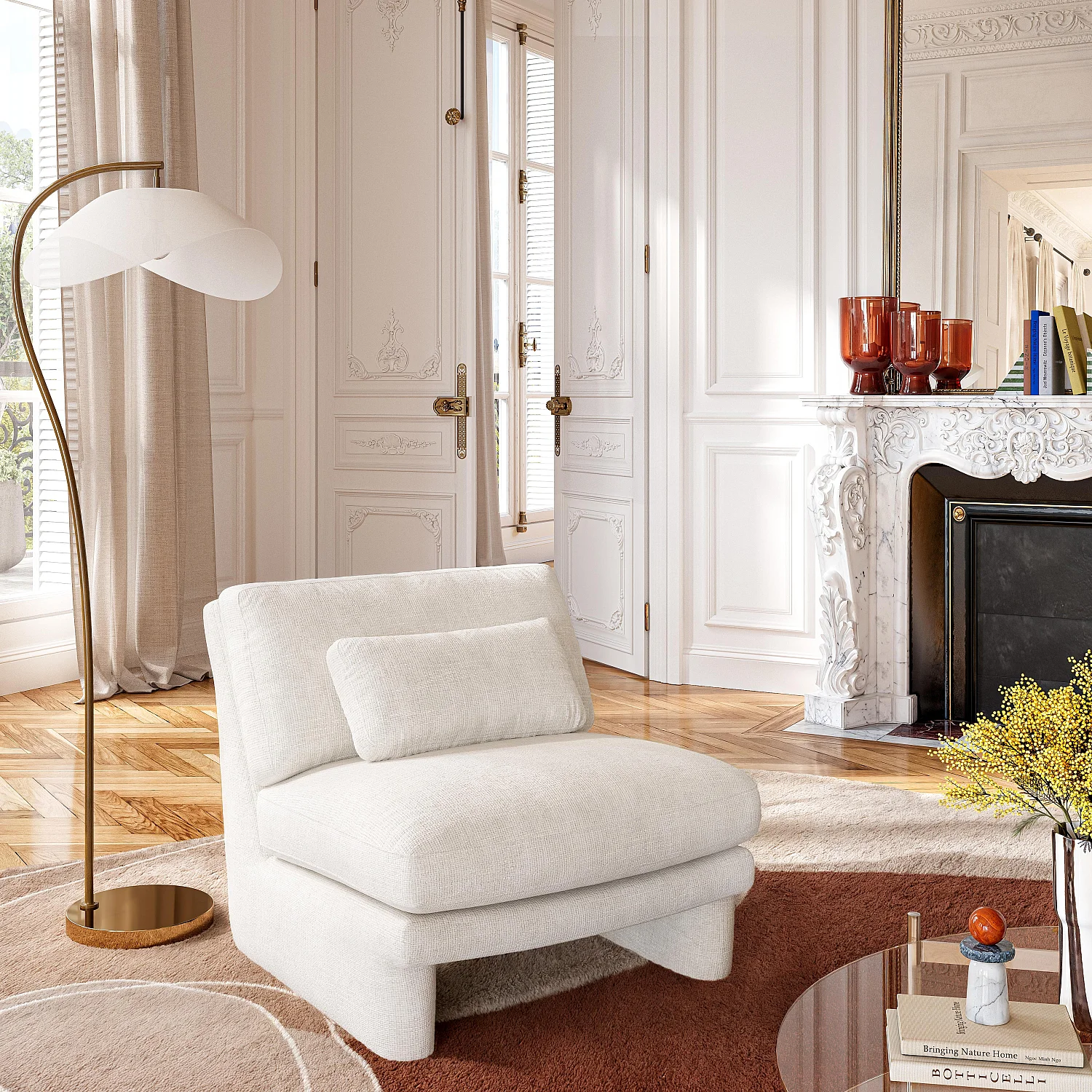 Fauteuil en tissu garni de plumes - Blanc - 1