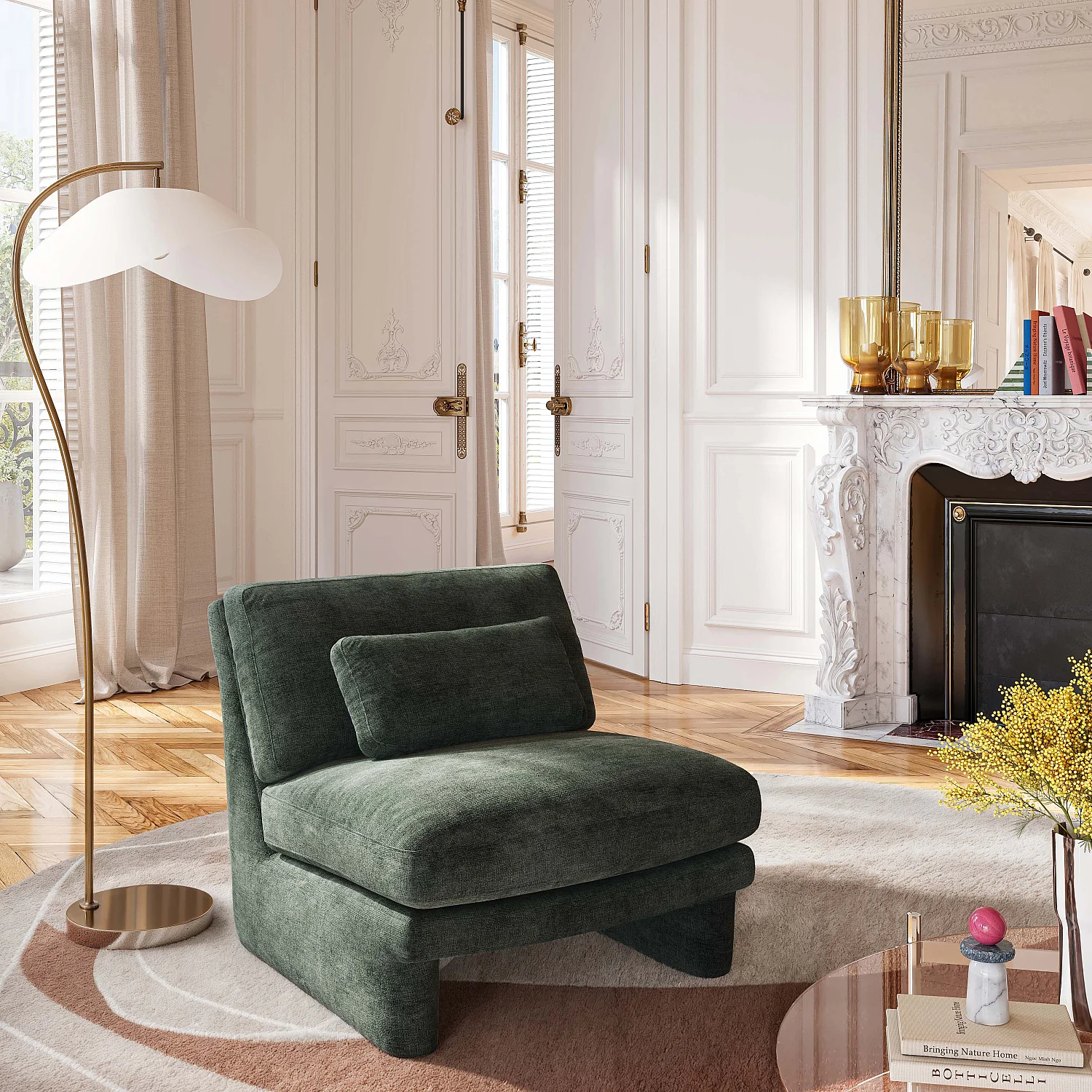 Fauteuil en tissu garni de plumes - Vert olive - 1