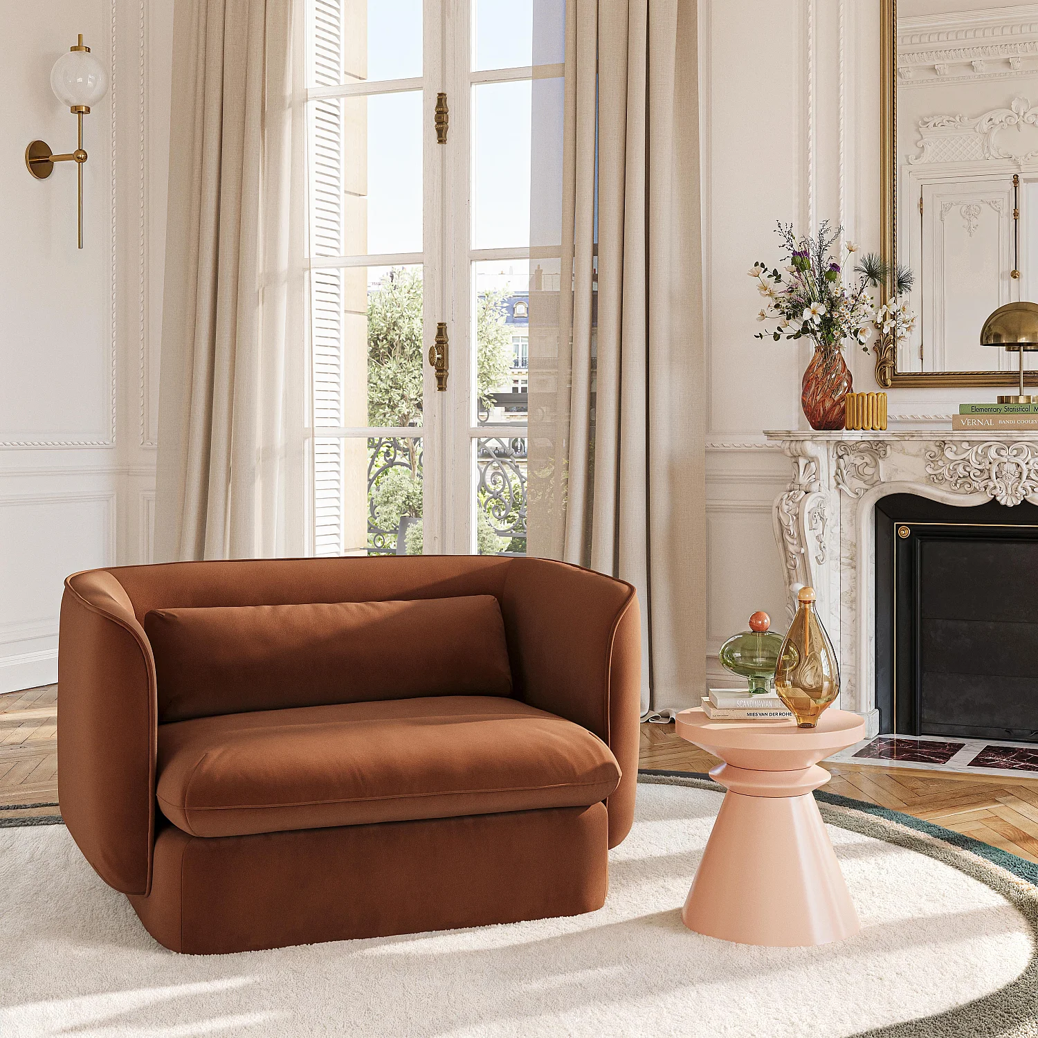 Fauteuil en tissu garni de plumes - Terracotta - 1