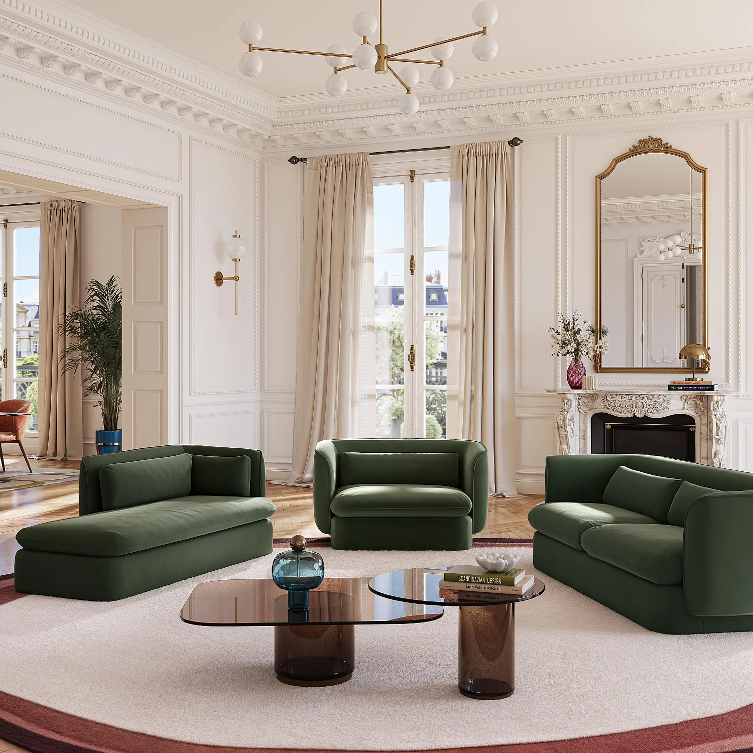 Rechte chaise longue met veren gevuld textiel - Kaki Groen - 6