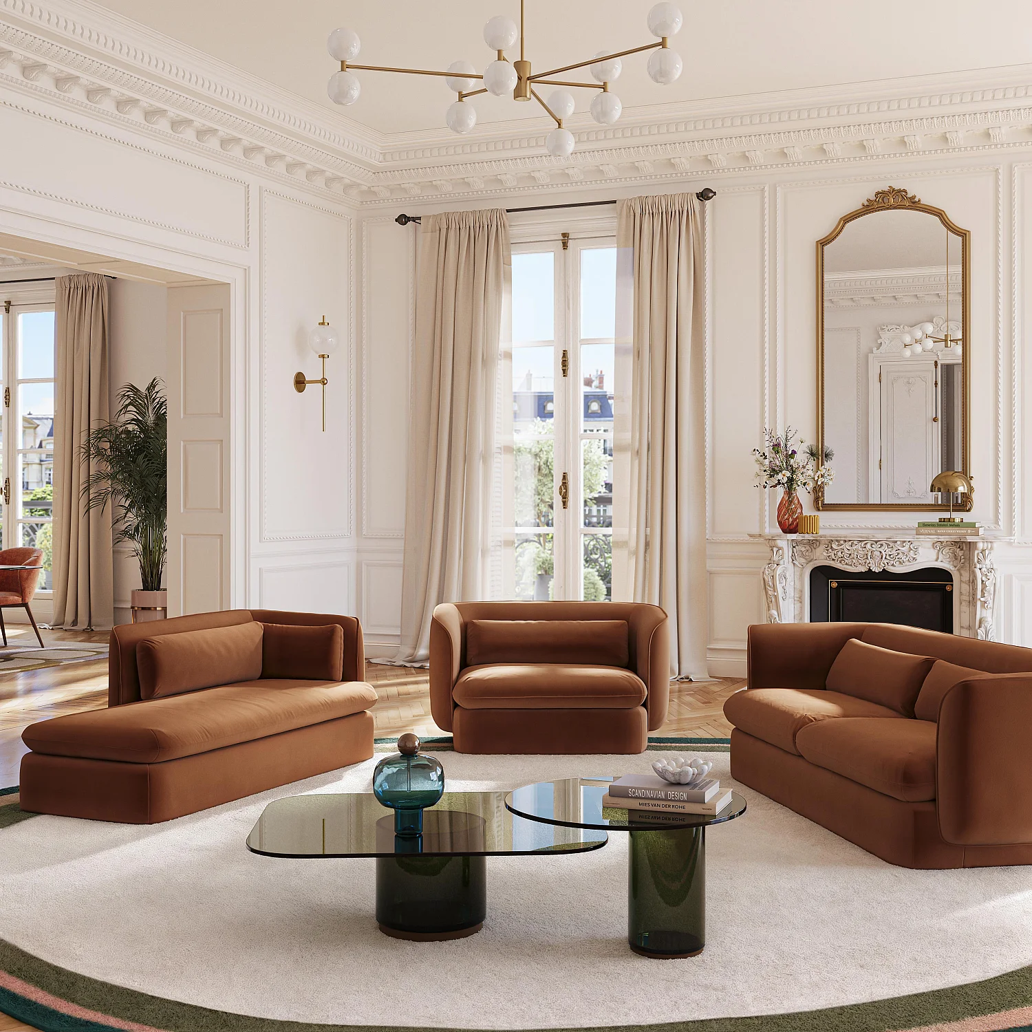 Méridienne droite en tissu garnie de plumes - Terracotta - 6