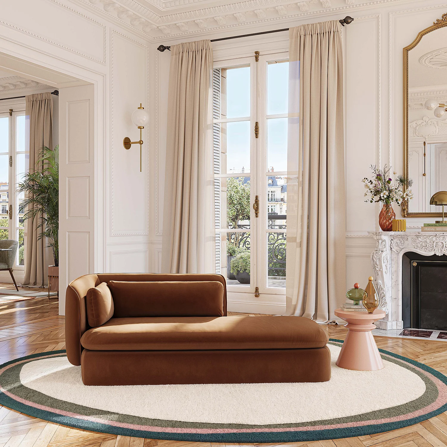 Méridienne droite en tissu garnie de plumes - Terracotta - 1