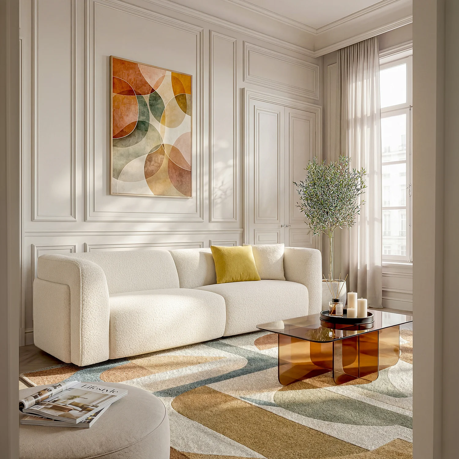 Divano 4 posti in tessuto bouclé - Crema - Design by Nicole Aptel - 1