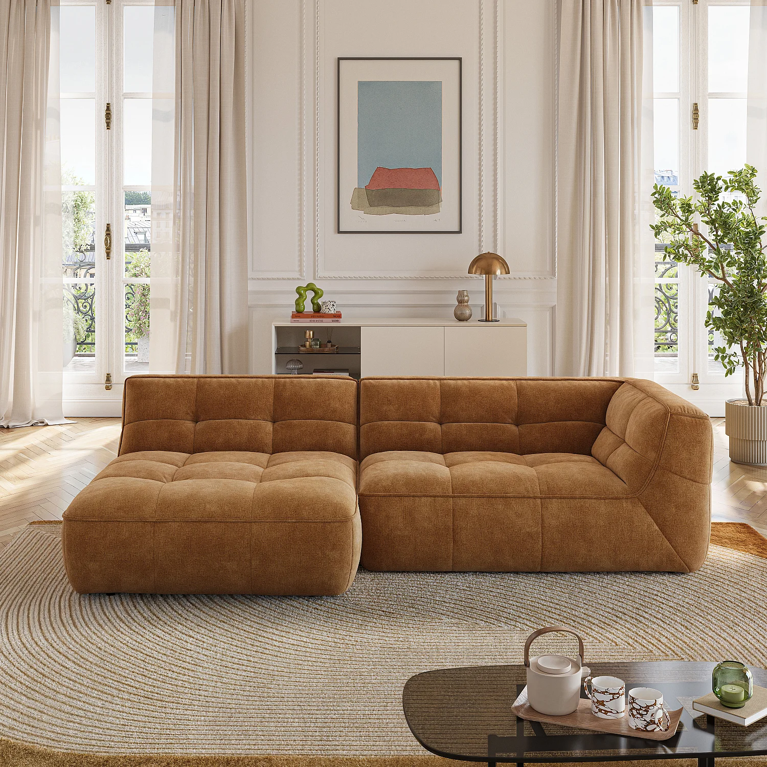 Divano d'angolo destro in tessuto - Ocra scuro - 1