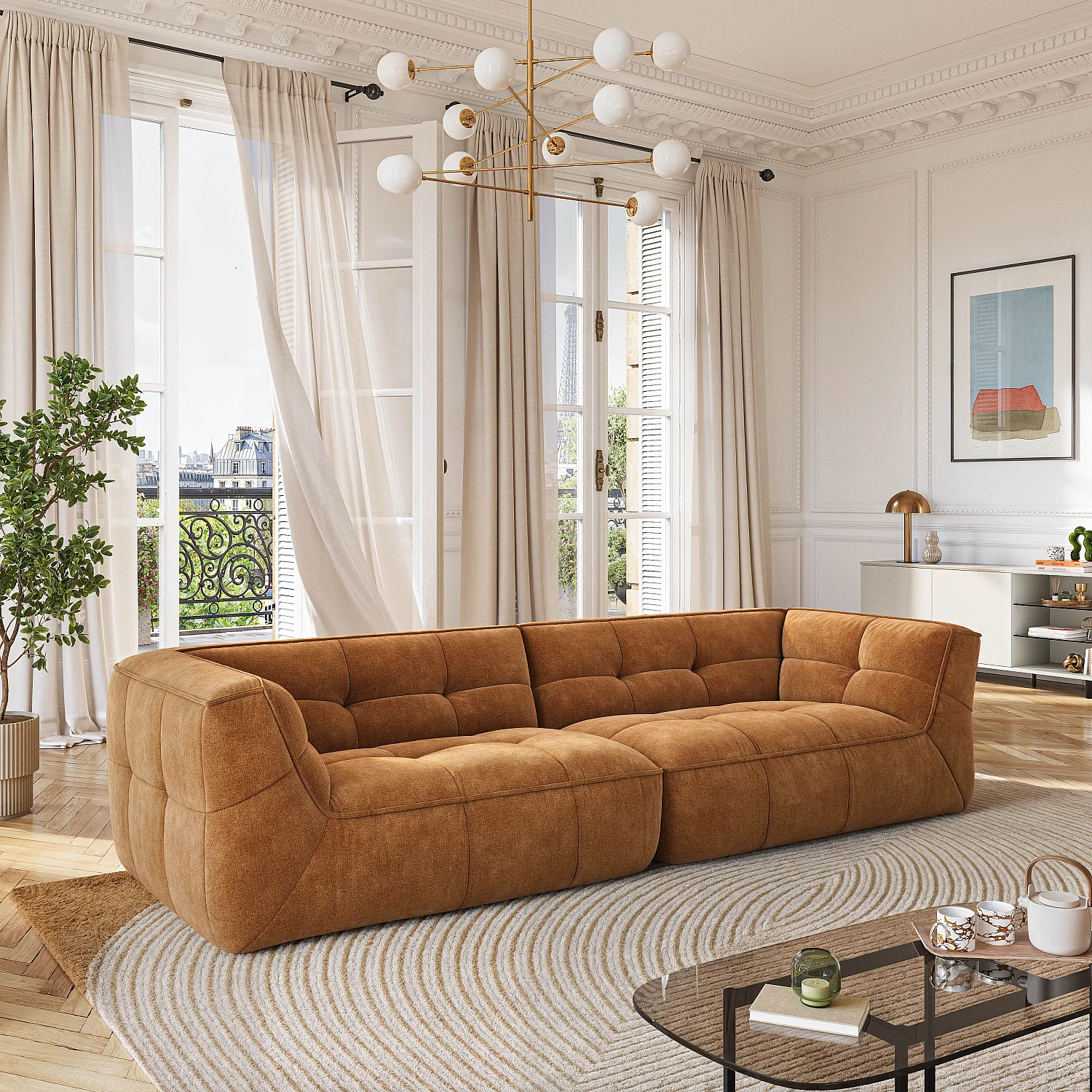 Divano 4 posti in tessuto - Ocra scuro - 1