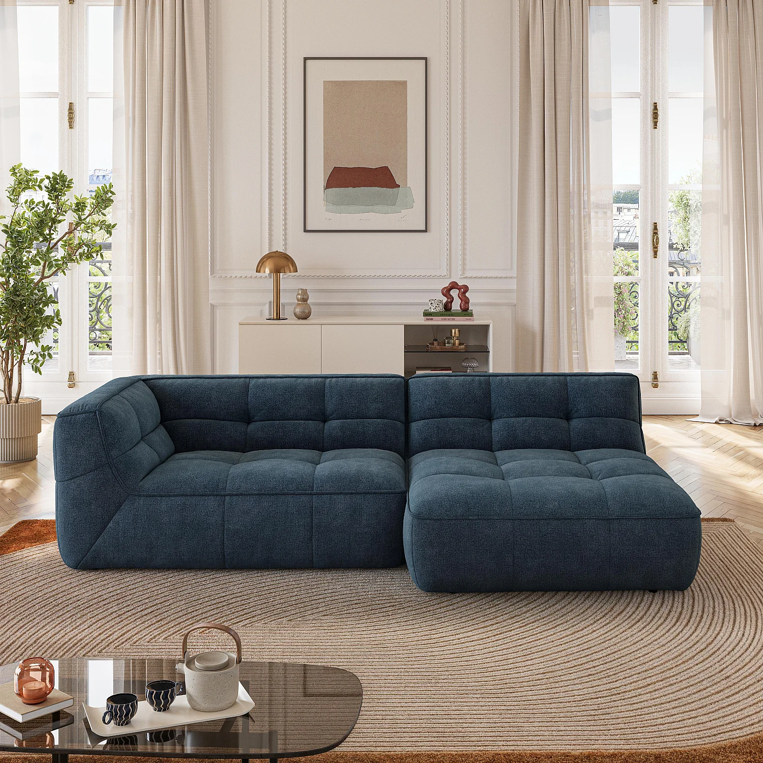 Sofá rinconera derecha de tela - Azul océano - 1