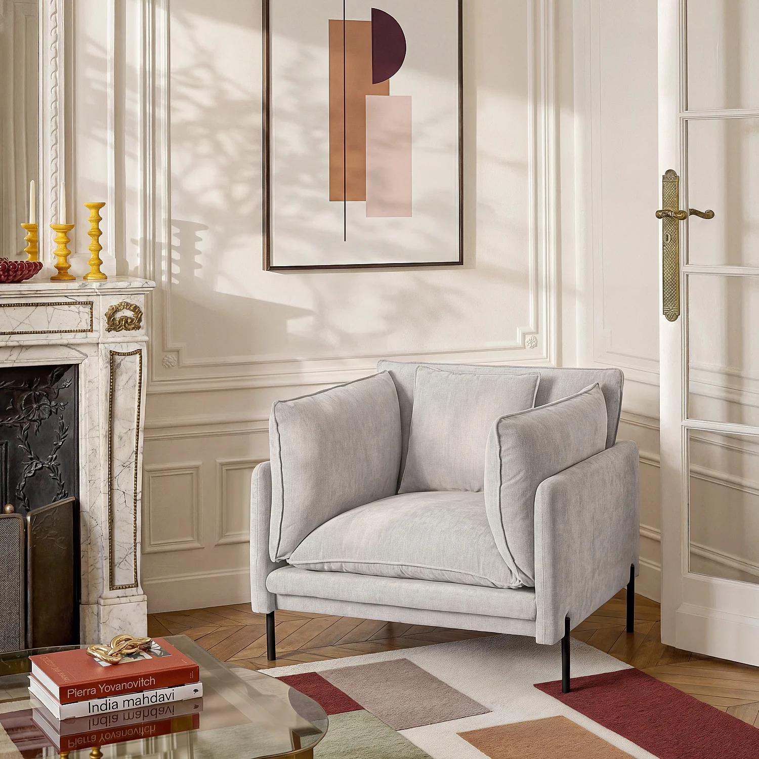 Fauteuil déhoussable en tissu garni de plumes - Gris perle - 1