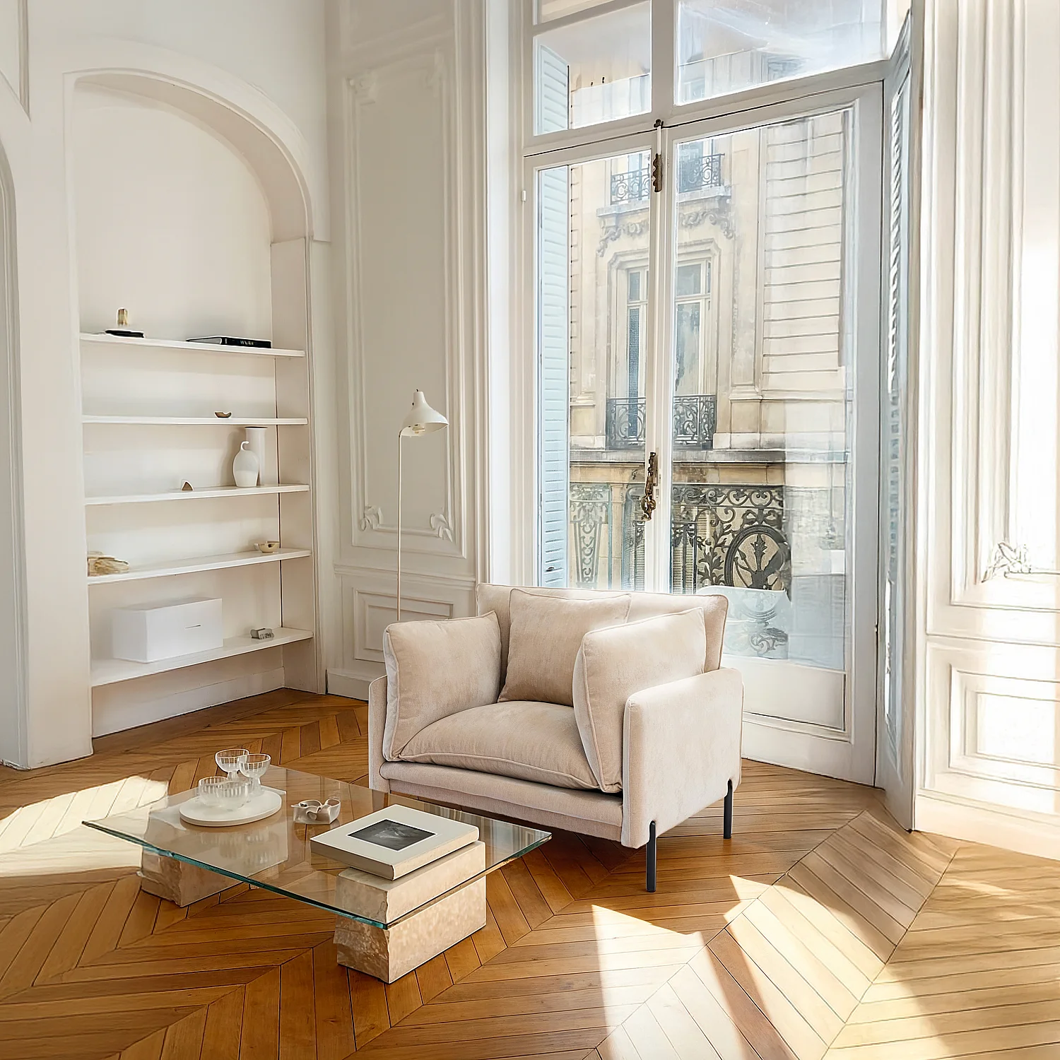 Fauteuil déhoussable en tissu garni de plumes - Taupe - 1