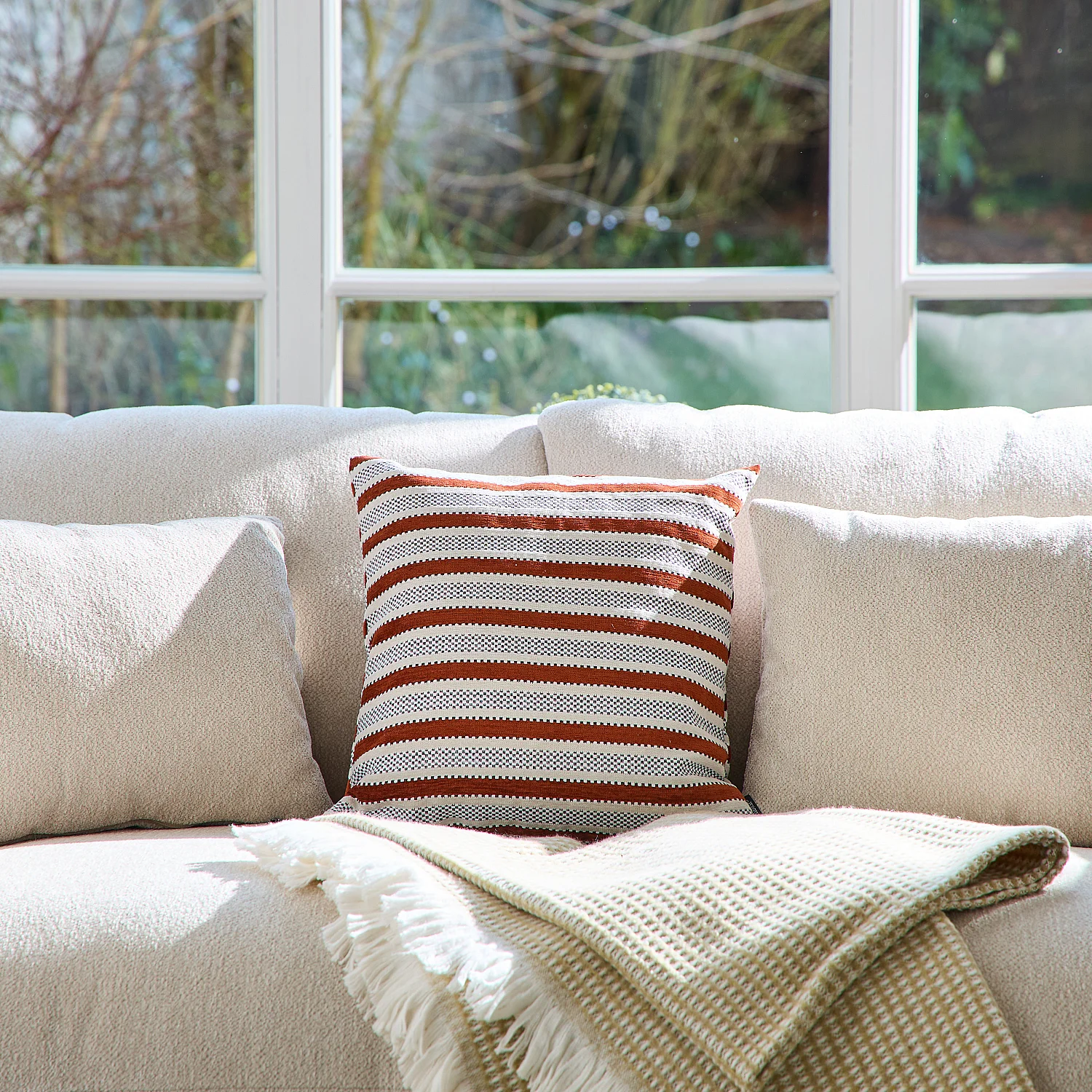 Kussen van jacquard stof - 44 x 44 cm - Streeppatroon - Terracotta - 1